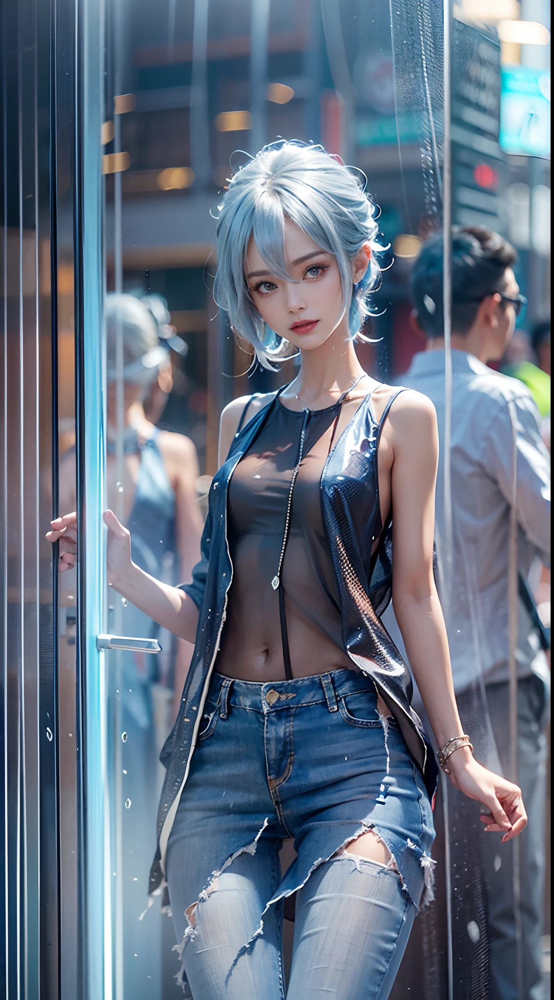 blue-sky, Wet in the rain, The whole body is soaking wet, white shirt, White Long Skinny Jeans, Wet costumes are see-through, The costume is torn, Modern old cityscape, Smiling smile, (The FW), 1womanl, 独奏, 24 year old, 7headed body, (Ideal ratio body proportions), (Composition from head to thigh), erectile nipple, Sexy body, Wet, short-hair, A dark-haired, small tits, A slender, Small buttocks, beauty legs, Skinny Legs, surrealism, Cinematic lighting, depth of fields, One-person viewpoint, F/1.8, 135 mm, nffsw, masutepiece, ccurate, ((Anatomically correct)), Textured skin, Super Detail, high details, High quality, awardwinning, Best Quality, hight resolution, 8K