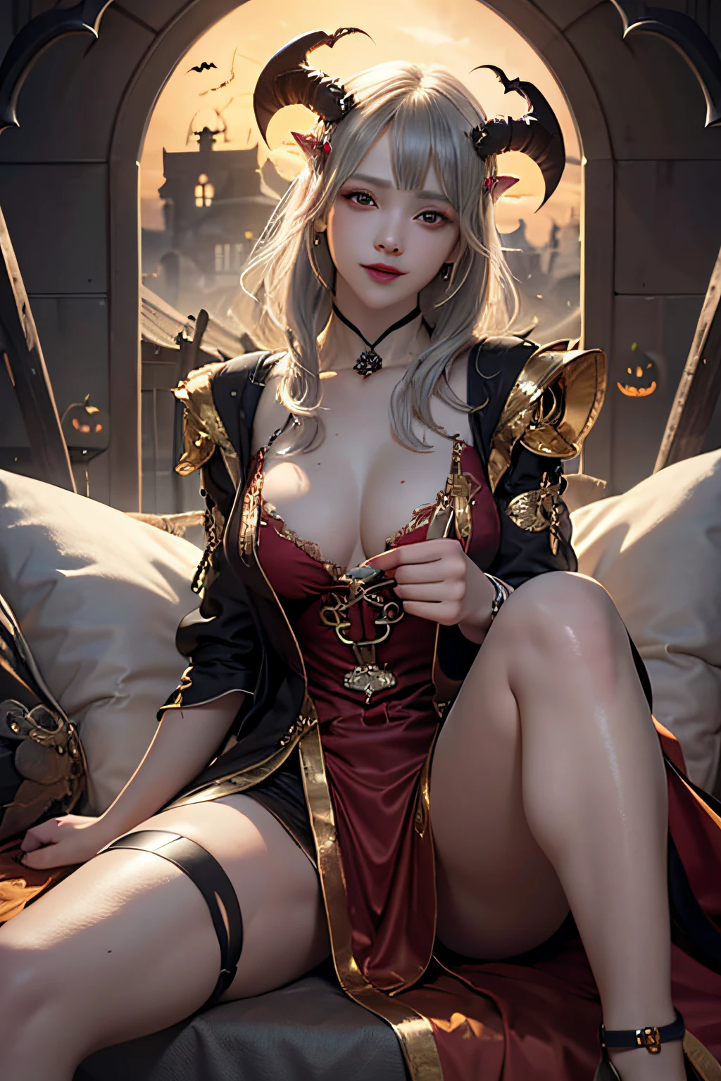 (masterpiece:1.3), high resolution, ultra detailed, extremely detailed CG unity 8k wallpaper, realistic, photo-realistic, RAW photo, (beautiful detailed face), pale skin, realistic skin, detailed cloth texture, detailed hair texture, Perfect body, Beautiful Face, accurate, Anatomically correct, Highly detailed face and skin texture, natural neck length, (beautiful hands), (fair skin:1.2), Thin legs, Thin feet, (((dim lighting:1.3))), silver laser, 
BREAK, 
Detailed eyes, symmetrical eyes, Brown eyes, Double eyelids, Thin eyebrows, ((Dracula makeup:1.3)), (Glossy lips:1.4), ((Gentle smile:1.2)), 
BREAK, 
(A Devil girl), ((wearing a Black and Gold with Red Devil costume:1.3)), (Black pin heels:1.1), (Devil horns on the head:1.2), (huge black bats wings on the back:1.2),
(large breasts:1.2), (firm breast, nicely shaped breasts, slender figure:1.1), 
((Gray hair:1.5)), (wavy hair), ((short hair:1.2)), ((asymmetrical bangs:1.2)), 
BREAK, 
(Sitting on the Luxury chair with one legs up:1.2), ((view of A dim ruins decorated for Halloween:1.3)), (From below:1.2), 
(((Upper body shot:1.2))), (looking at viewer:1.2),