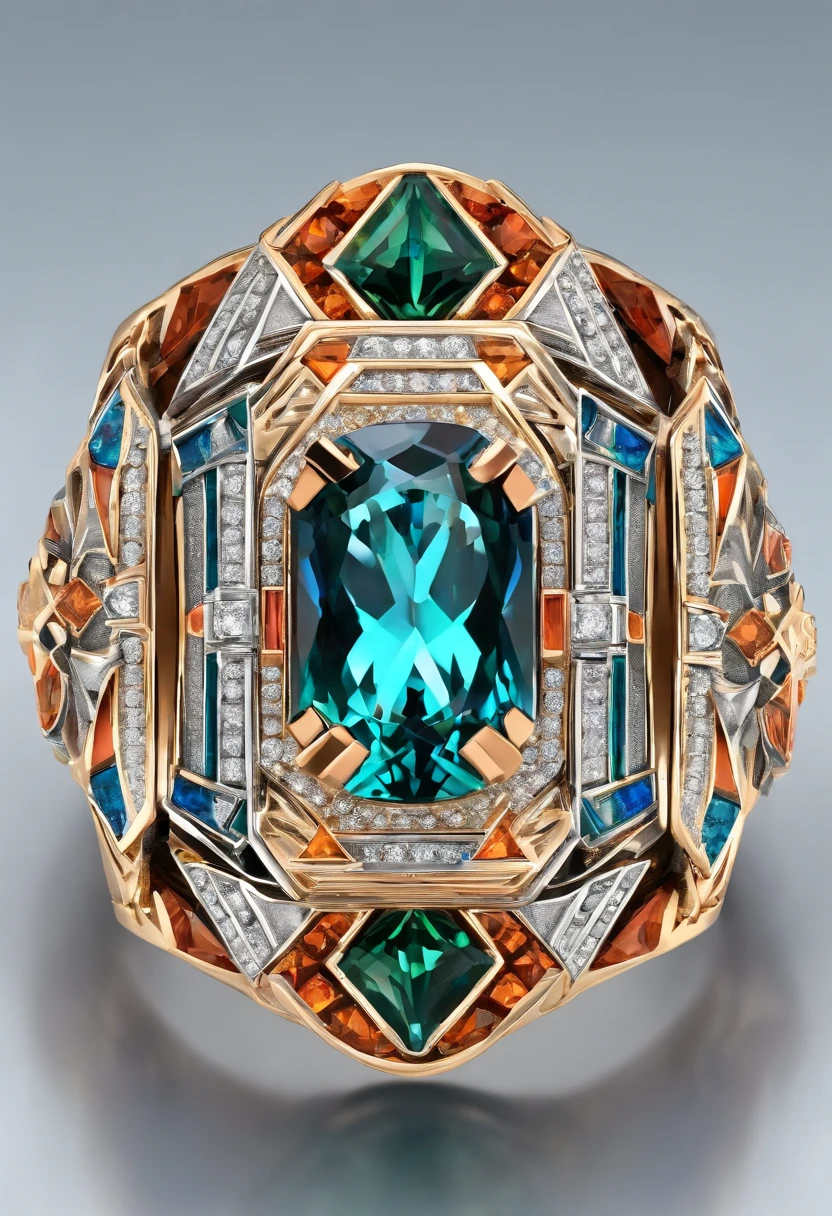 A non ferrous metal engagement ring, detailed and surreal, with vibrant color choices, bold lines, vibrant colors, detailed, and vibrant art from Hulufia and Tonga