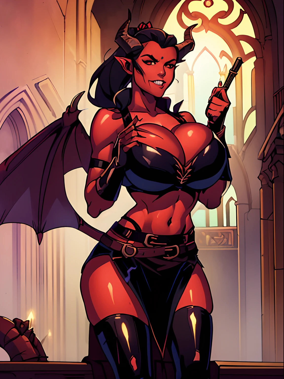 (masterpiece, top quality, best quality, official art, beautiful and aesthetic:1.2), (1girl:1.3), (black hair in big (ponytail)), extremely detailed, portrait, looking at viewer, solo, (full body:0.6), detailed background, close up, (hot medieval church theme:1.1), Tiefling, female, horns, tail, wings, long hair, tail, black hair, dragon girl, dragon horns, blood, scales, dragon wings, (((red skin), colored skin)), extremely busty Tiefling, charlatan, wicked grin, sultry smirk, forked tongue, mysterious, seducing in a cathedral, black ram horns, curled horns, curved horns, demon horns, skimpy leather (sports bra), sleeveless, fingerless gloves, claws, shotgun, ammo belt, shotgun shells, black leather, thong, thigh-high boots, bracers, boots, buckles, straps, ((((gigantic breasts, cleavage, skindentation)))), cute belly button, trim tummy, slim waist, slim hips, long legs, athletic, stained glass windows, candlelight, Medieval Europe, (Cathedral exterior:1.1) background, dark mysterious lighting, shadows, magical atmosphere, dutch angle