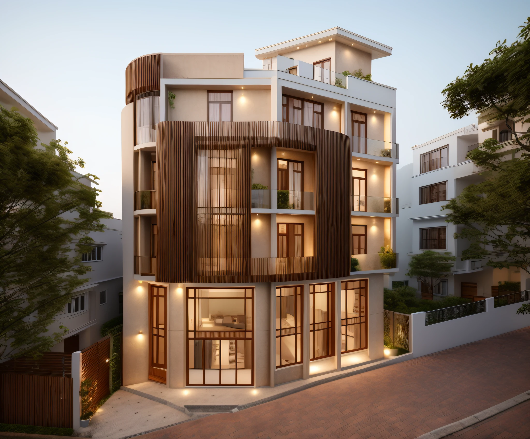 (Townhouse in city ,close houses and trees), daylight ( best quality) ((high solution)) ,(( photo realistic)) ,warm light, (sharp focus) front view of townhouse in style of modern,small house, Narrow area,VietNam,facade, curved arch,beautiful facade,curved windown,narrow and long ,two-storey,mutual colours, soft lighting, warm atmosphere,high Resolution, hyper detailed,4k ,vray render, octane render, hyper realistic, photography expert ,exterior design , professional photography, exterior photography,wide-angle shot , ultra detail , high Resolution