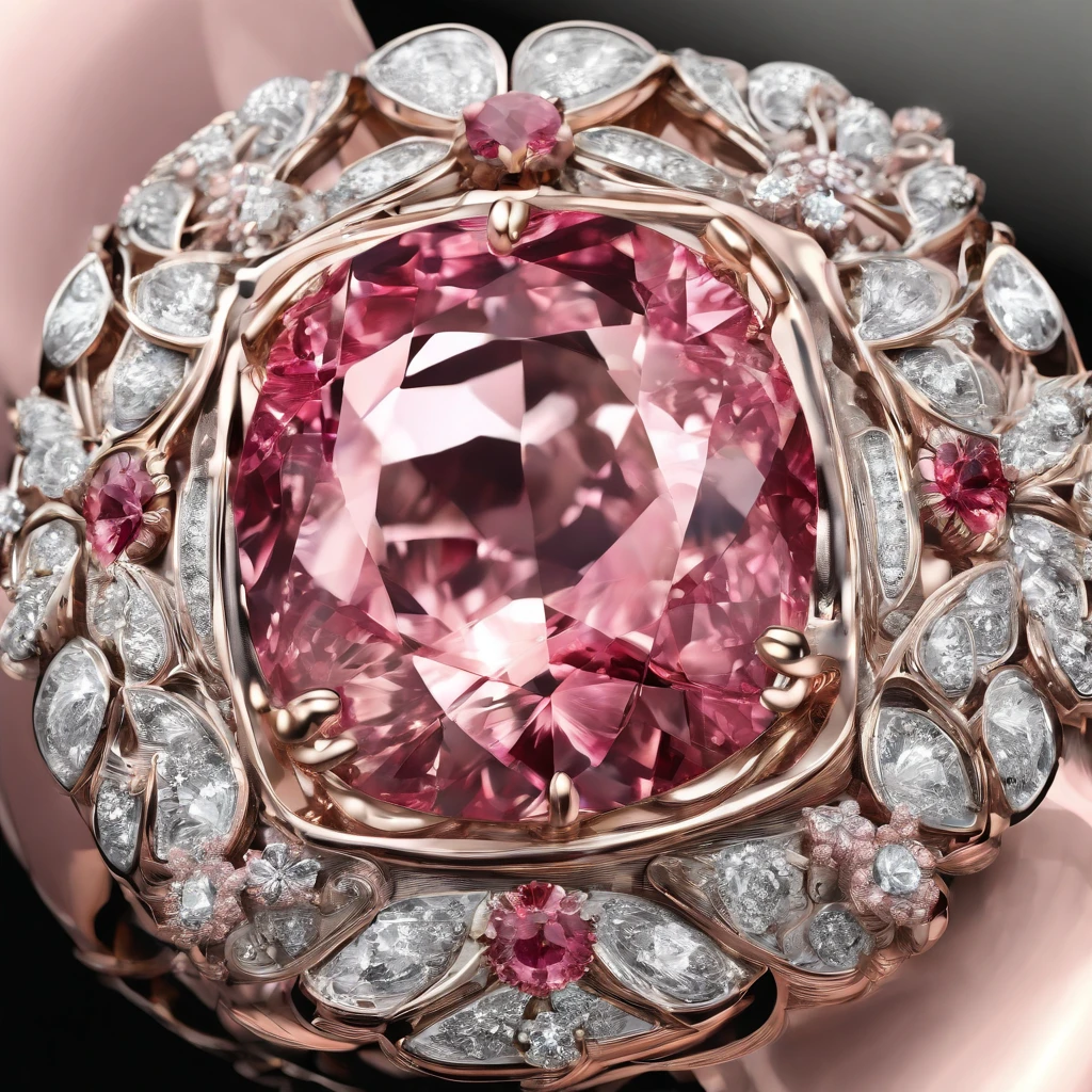 (high-quality,ultra-detailed,realistic:1.37),metallic pink,floral-designed ring,sparkling pink diamonds,exquisite craftsmanship,detailed engravings,delicate petals,shimmering reflections,vibrant colors,crimson accents,soft lighting,ornate textures,macro photography