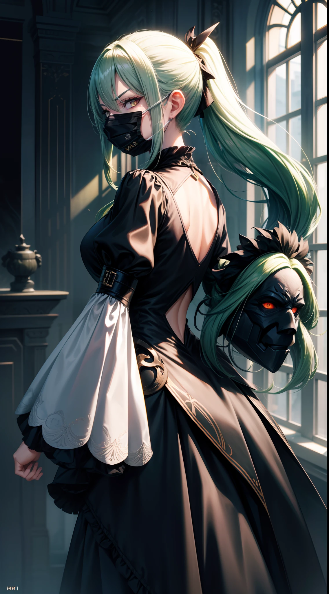Adult woman, long green hair, high ponytail, white eyes, Black Dense Shape, mask, angry, seen from behind, Smile, Masterpiece, hiquality, 4k, HD, Good detail
