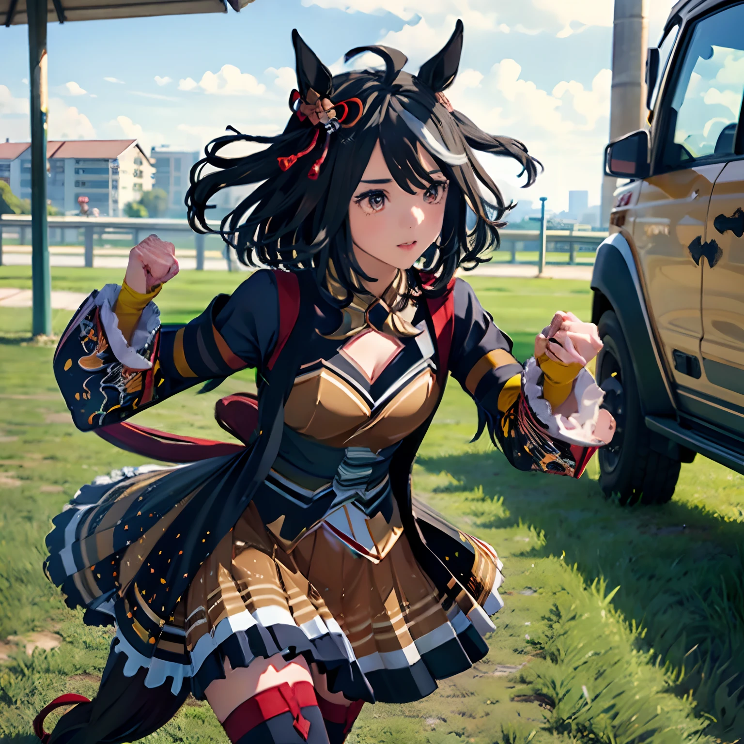 「​masterpiece,top-quality,a closeup,Face Shots,kitasan black_(Umamusume), 1girl in,Animal ears ,Horse ears ,Horse Girl ,Horse tail,masutepiece, Best Quality,Hair Ribbon, Hair Ornament, Fingerless gloves, yellow gloves, Komono, Long sleeves, Wide sleeves, Detached sleeves, Bare shoulders, Clothes Cutout, cleavage cutout, Kohaku ship, Brown skirt, Pleated skirt, zettai ryouiki, black thighhighs, Sandals, red footwear, 」，Running through，