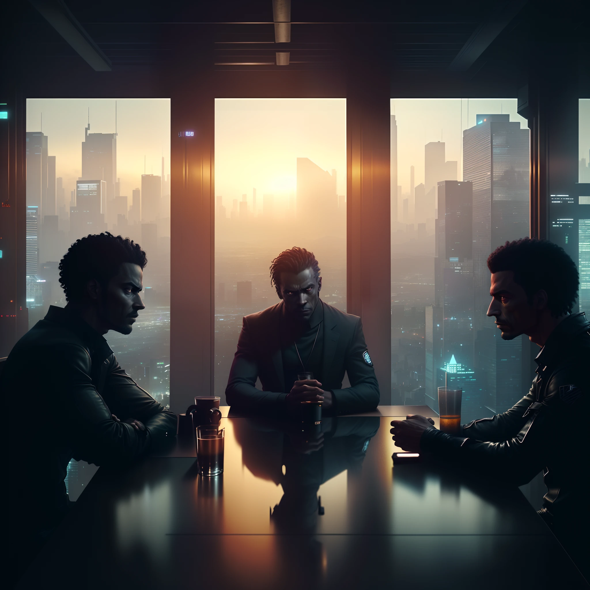 three men sitting at a table in a dark room with a city view, dramatic cinematic shot, cinematic beeple, dark people discussing, group sit at table, dimly lit scene, dramatic sci-fi movie still, sci-fi cinematic movie still, depicted as a scifi scene, neo - noir setting, cinematic scifi shot, group of people in a dark room