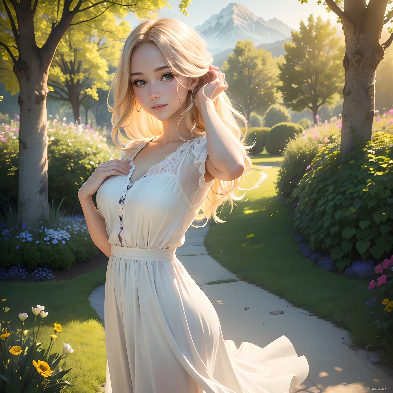 (best quality,4k,8k,highres,masterpiece:1.2),ultra-detailed,(realistic,photorealistic,photo-realistic:1.37),vivid colors,sharp focus,HDR,UHD,professional,physically-based rendering,studio lighting
beautiful detailed eyes,beautiful detailed lips,extremely detailed eyes and face,longeyelashes,green eyes
blonde hair,fine hair strands,natural blonde color,stunning blonde hair color
girl in a garden,standing in a beautiful flower garden,peaceful and serene setting
soft sunlight filtering through the trees, creating a warm and gentle glow
lush green grass and vibrant flowers surrounding the girl, creating a colorful backdrop
the girl is wearing a flowing white dress, gracefully flowing in the breeze
a gentle smile on the girl's face, radiating happiness and joy
distant mountains visible in the background, providing a sense of depth and vastness
butterflies gracefully fluttering around the girl, adding a touch of magic to the scene
a light summer breeze rustling the girl's hair and the flowers, creating a sense of movement
overall, the artwork has a dreamy and enchanting quality, capturing a moment of pure beauty in nature.