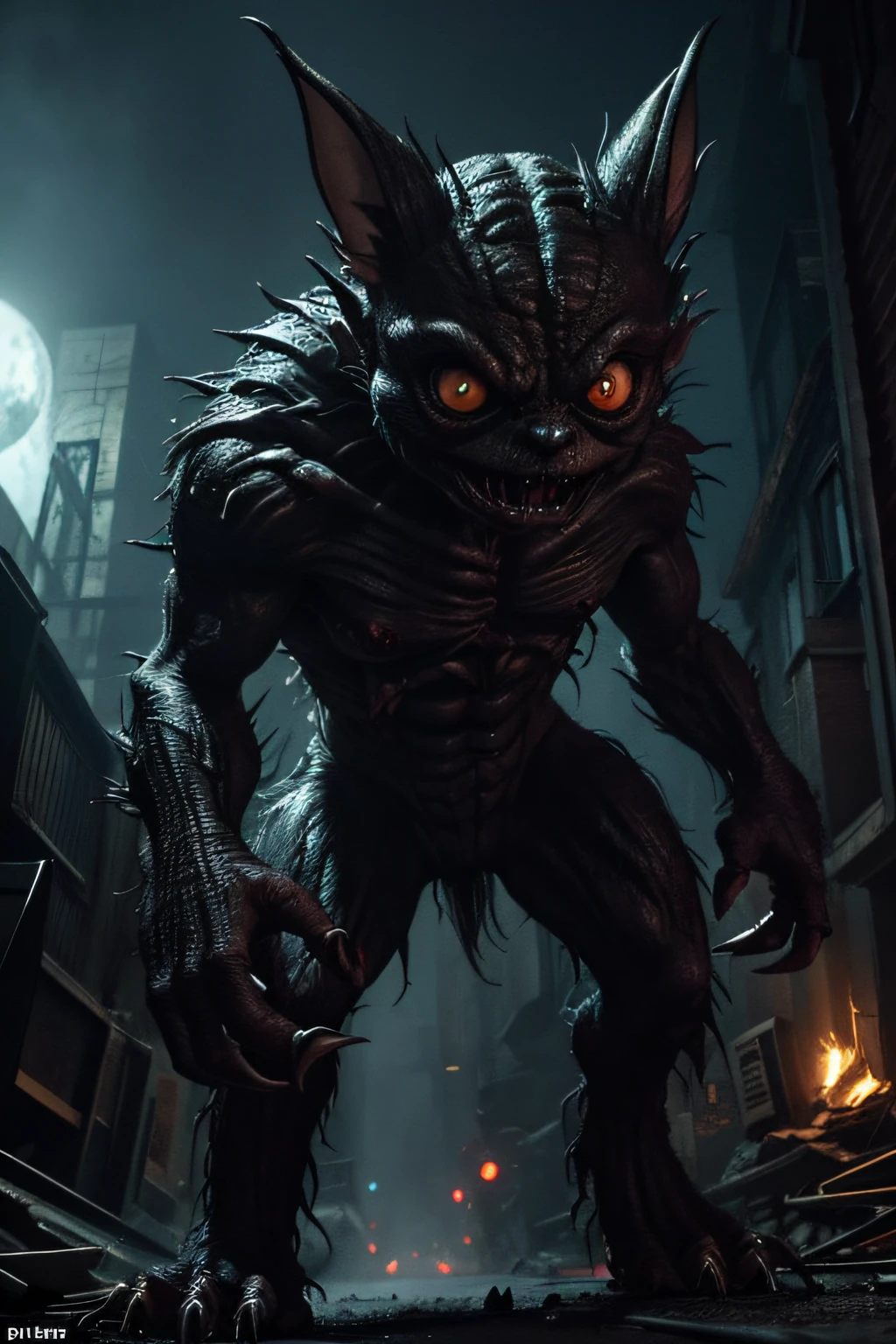 "Imagine a spine-chilling Gremlins-style creature feature monster that's as horrifying as it is mischievous. This monstrous entity should retain the small, furry, and initially endearing appearance of a Gremlin, but with a malevolent twist. Its cute facade hides a sinister nature, featuring sharp, gnashing teeth, venomous eyes, and grotesque, malformed limbs. Place this creature in a dark, chaotic urban setting, where it runs amok, causing terror and destruction in a manner that leaves a trail of mayhem and fear. The image should evoke both horror and nostalgia, reminiscent of the classic '80s Gremlins film while delivering a terrifying punch."