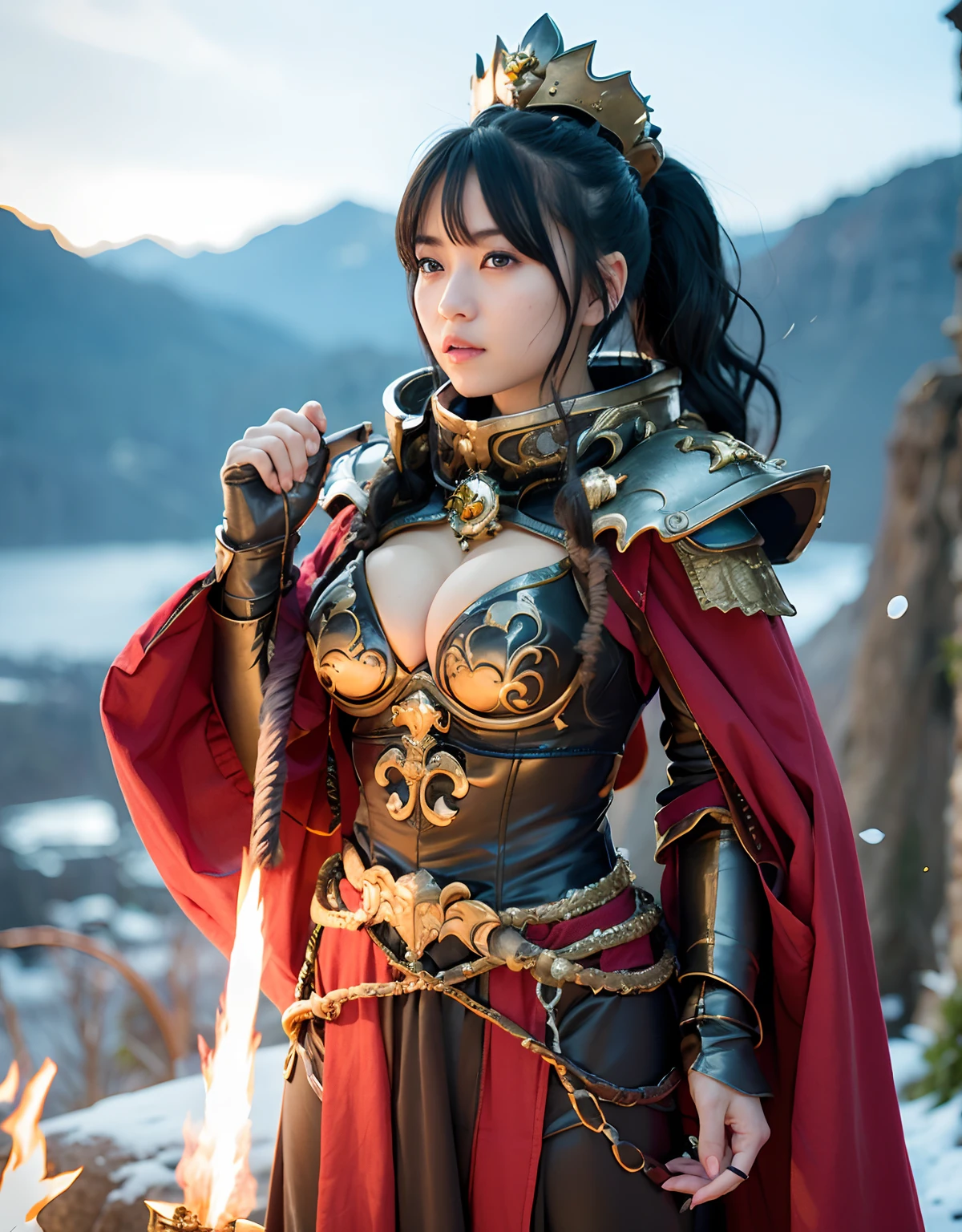Professional , masterpiece、top-quality、photos realistic , 、top-quality、超A high resolution、(Photorealsitic:1.4)、Raw photo、depth of fields (Gemstone Gold Metal Body:1.9),(Matte White、Toostock、cleavage of the breast、(cleavage of the breast)、(Detailed Dragon Armor)、(Have the strongest weapon)、((Random Hairstyles 1.6),Dark Fantasy,)explosions、intense fighting、(Precipitous cliffs),Dragon Gold Weapon,Mystical expression、Particles of light、Fight dragons、(Detailed Dragon Helmet),Gorgeous Silver Weapons ,(( Dragon's dense and gorgeous sword)) , Beautiful knife ,warhammer 40k ,Detail and gorgeous crown、((Blue hair))、(Castle background)、、((Gangle's forest background))、Beautiful Caucasian beauty、1a person、dynamic ungle,((()))、Smaller head、A smile、Castle background、Thin and beautiful female hands、cleavage of the breast、Soldier in iron armor on background、Mystical expression、Light Effects、intense fighting、Wind-effect、magic circles、With the legendary magic wand、(demonic wings)、Toostock、