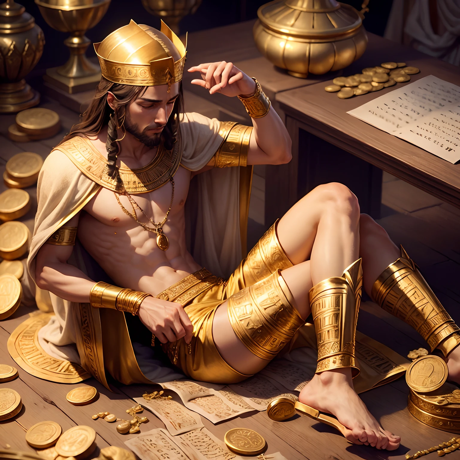 Daniel of the Bible counting Pharaoh's riches, luxurious garments, gold coin, wheat, cuneiform tablets