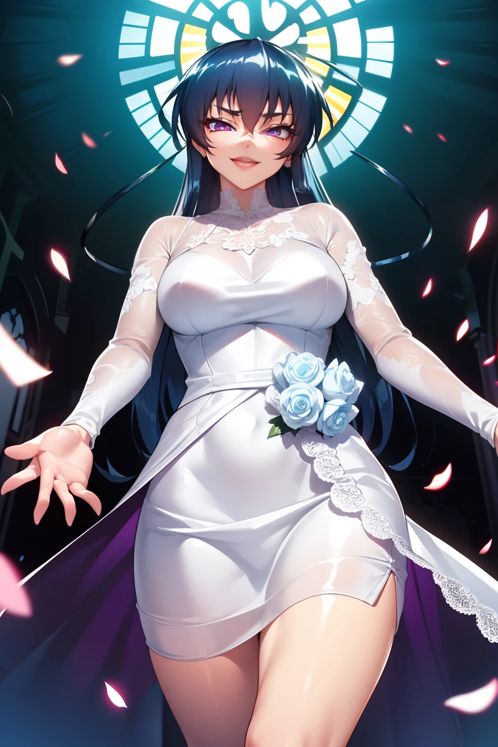 asagi, (Gorgeous white wedding dress:1.2),miniskirt,long hair,ponytail, blue hair, hair between eyes, sidelocks, purple eyes, looking at viewer, church,(highres, high quality:1.1), intricate details, cinematic lighting, 1girl,happy smile