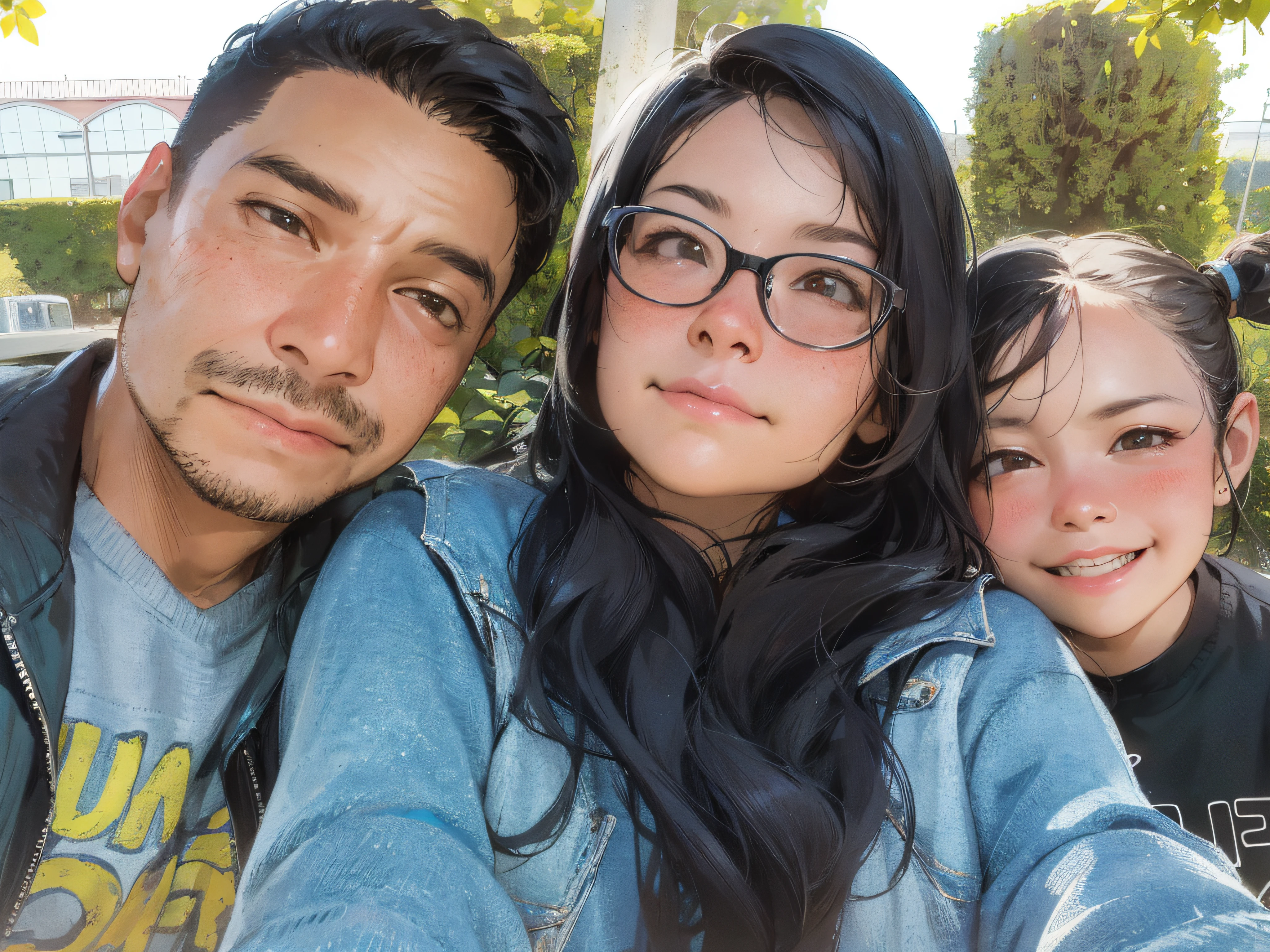 there are two people taking a selfie with a child, profile image, profile photo, happy family, husband wife and daugther, profile picture, profile pic, taken in the early 2020s, family photo, family portrait, portrait of family of tree, looking defiantly at the camera, 8k selfie photograph, anime style, beautiful,