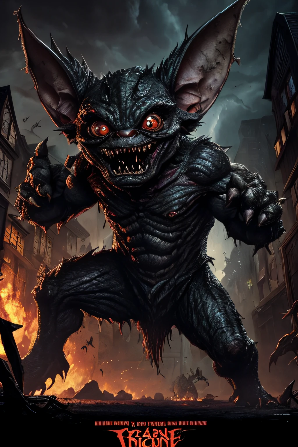 "Imagine a spine-chilling Gremlins-style creature feature monster that's as horrifying as it is mischievous. This monstrous entity should retain the small, furry, and initially endearing appearance of a Gremlin, but with a malevolent twist. Its cute facade hides a sinister nature, featuring sharp, gnashing teeth, venomous eyes, and grotesque, malformed limbs. Place this creature in a dark, chaotic urban setting, where it runs amok, causing terror and destruction in a manner that leaves a trail of mayhem and fear. The image should evoke both horror and nostalgia, reminiscent of the classic '80s Gremlins film while delivering a terrifying punch."