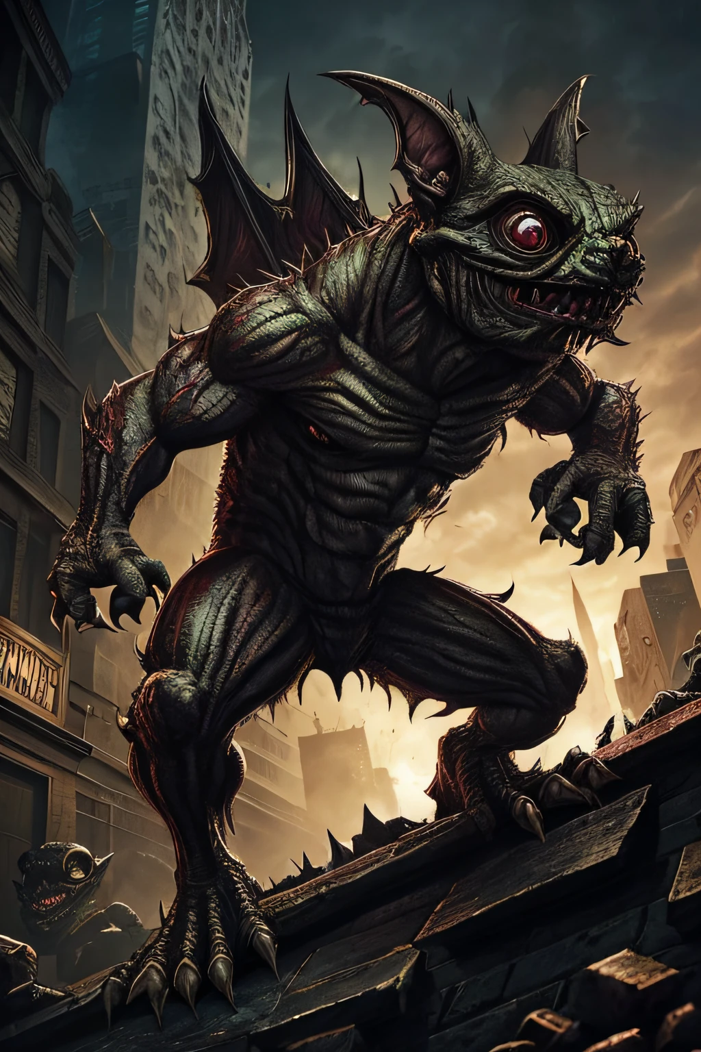 "Imagine a spine-chilling Gremlins-style creature feature monster that's as horrifying as it is mischievous. This monstrous entity should retain the small, furry, and initially endearing appearance of a Gremlin, but with a malevolent twist. Its cute facade hides a sinister nature, featuring sharp, gnashing teeth, venomous eyes, and grotesque, malformed limbs. Place this creature in a dark, chaotic urban setting, where it runs amok, causing terror and destruction in a manner that leaves a trail of mayhem and fear. The image should evoke both horror and nostalgia, reminiscent of the classic '80s Gremlins film while delivering a terrifying punch."