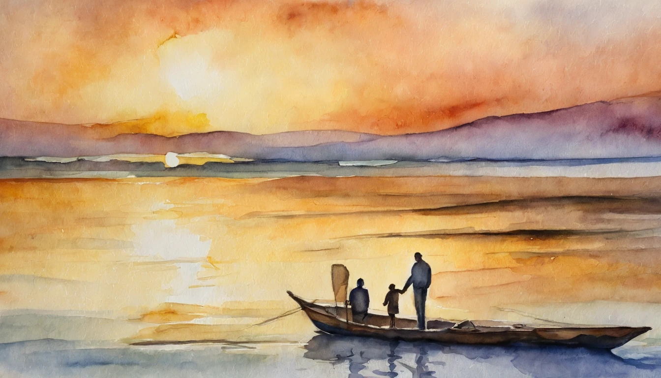 "A loving father enjoys a quiet sunset on the beach with his two twenty-year-old daughters and a five-year-old son.."