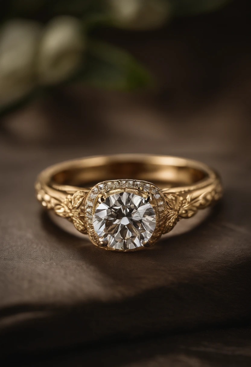 An engagement ring made of pure gold,Gold embossed delicate details Solid color background Delicate luxury Best composition