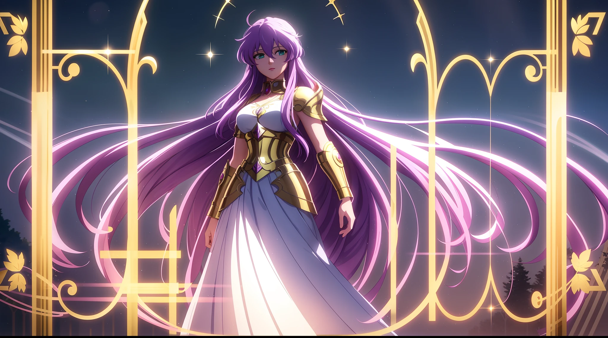 Kido_saori, Saint seiya athena with plain long light purple hair,hair between eyes,green eyes,rosy cheeks,full lips,thin eyebrows,slender body,golden juliet knight ribbons armor and very long skirt,cute anime girl,full body,forest at night,anime style,Lumen Reflections,Screen Space Reflections,Diffraction Grading,Chromatic Aberration,GB Displacement,Scan Lines,Ray Traced,Anti-Aliasing,FXAA,TXAA,RTX,SSAO,Shaders,OpenGL-Shaders, GLSL-Shaders,Post Processing,Post-Production,cell Shading,Tone Mapping,CGI,VFX,SFX,insanely detailed and intricate, 4K,standing, solo, masterpiece, best quality, detailed face, detailed eyes, highres