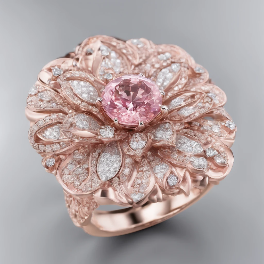 (high-quality,ultra-detailed,realistic:1.37),metallic pink,floral-designed ring,sparkling pink diamonds,exquisite craftsmanship,detailed engravings,delicate petals,shimmering reflections,vibrant colors,crimson accents,soft lighting,ornate textures,macro photography