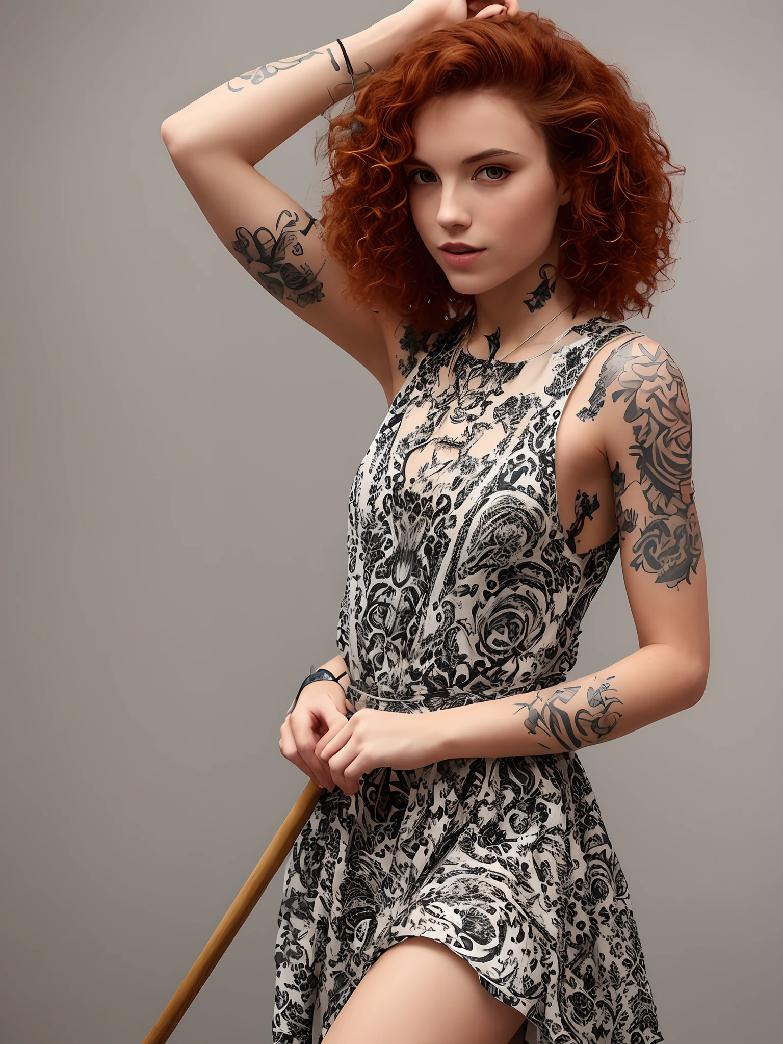 Full-body image of a young beautiful woman with short curly ginger hair, tattoos on her arms, a staff on her back, and a flowy dress