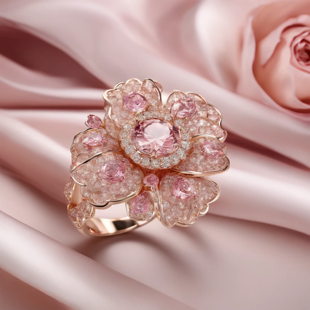 In the center of the picture, there is a cocoon wrapped in layers of golden and pink silk ribbons.;dream,mystery;Big scene;golden pink tone。