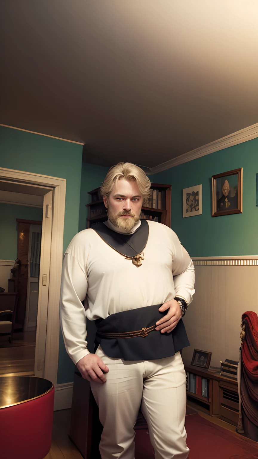Dressed as a king, scepter in hand, blonde hair, medium length beard