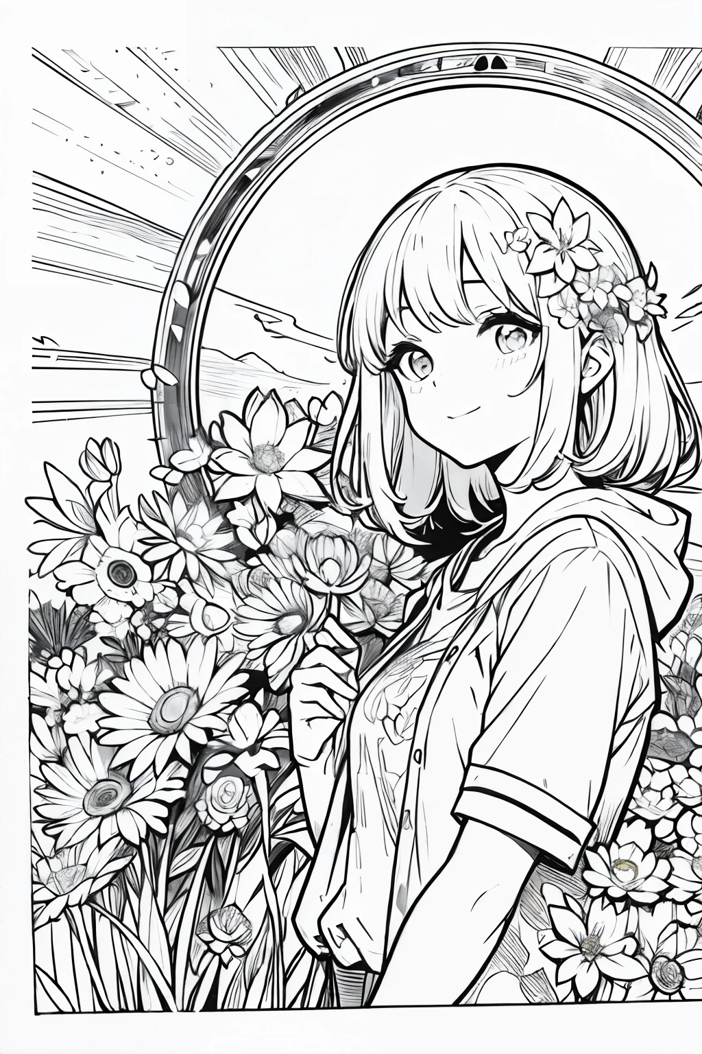 chica anime con flores en el pelo y un rayo de sol, Line Art!!, Hermoso arte lineal, Arte oficial de alto detalle, Lineart de tinta extremadamente fina, Arte lineal hiperdetallado, Estilo de anime limpio y detallado, Estilo manga detallado, Esquemas de anime limpios, Lineart limpio, Arte lineal detallado, Estilo de arte manga, Lineart perfecto, Arte de anime limpio y detallado, anime style illustration, monocromatic