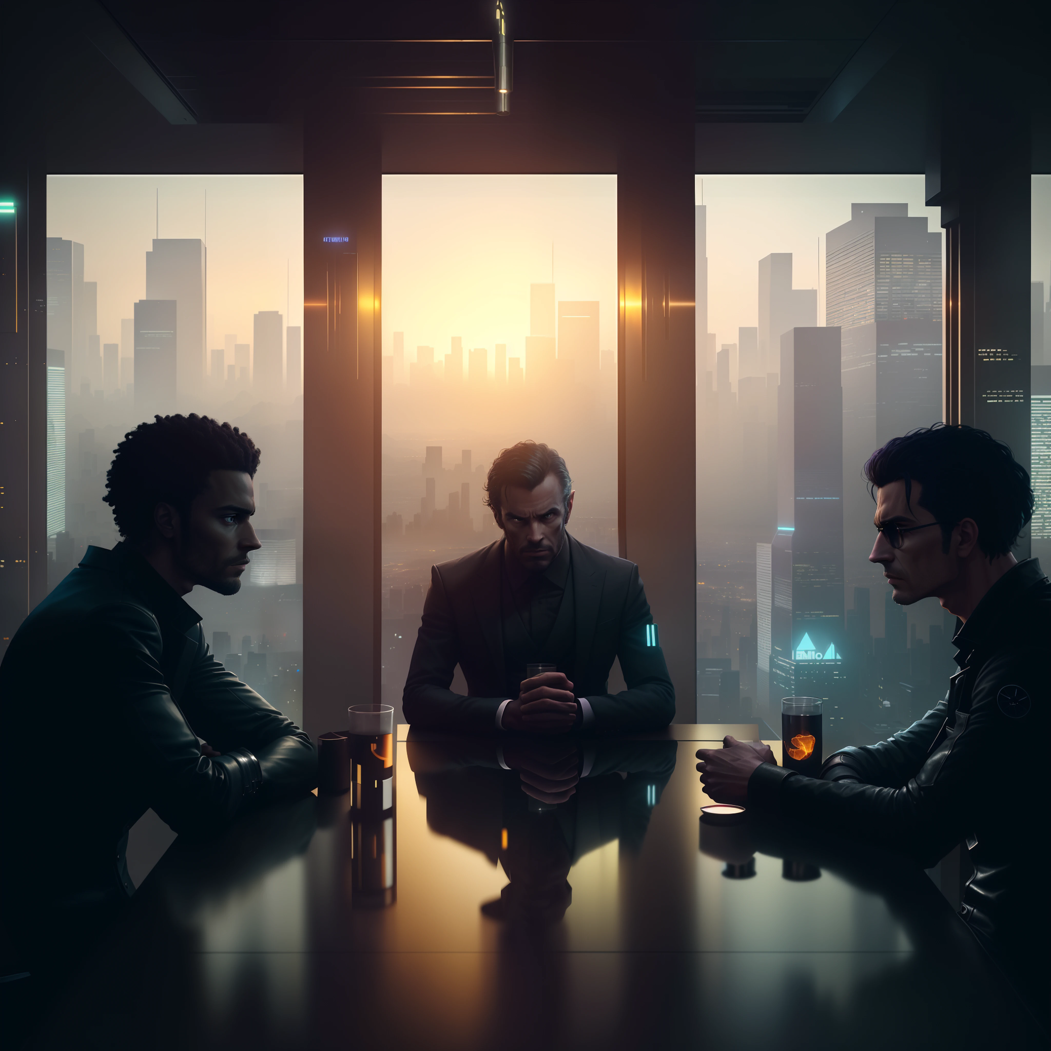 three men sitting at a table in a dark room with a city view, dramatic cinematic shot, cinematic beeple, people discussing, group sit at table, dimly lit scene, dramatic sci-fi movie still, sci-fi cinematic movie still, depicted as a scifi scene, neo - noir setting, cinematic scifi shot, group of people in a dark room