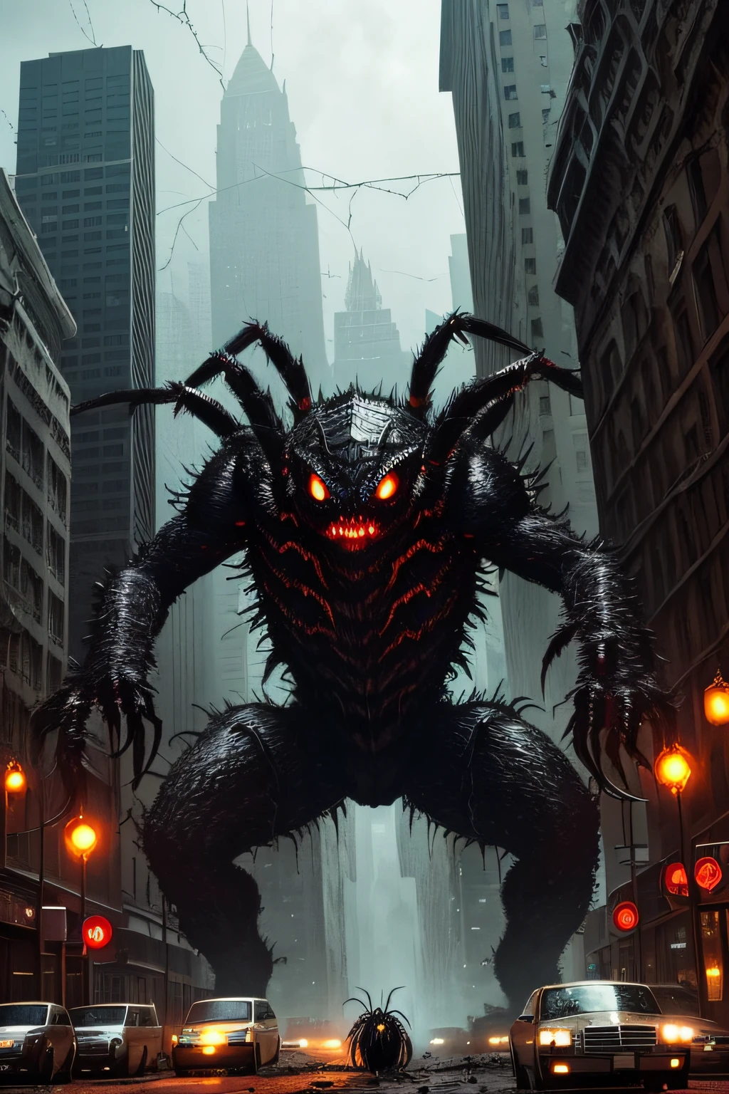 "Generate a chilling creature feature scene featuring a colossal, nightmarish spider monster on a rampage through a city. The spider should be grotesque and immense, its legs covered in spiky, venomous hairs, and its fangs dripping with green, corrosive venom. The city streets are in chaos as panicked humans run for their lives, their faces etched with sheer terror. Buildings crumble and vehicles are overturned as the spider advances, casting ominous, long shadows across the urban landscape. The atmosphere is charged with fear and destruction, capturing the essence of a classic creature feature film. The resulting image should convey a sense of impending doom and the raw horror of this monstrous arachnid's invasion."