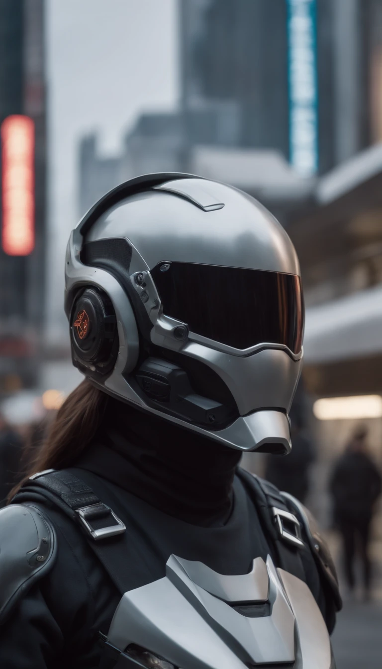 8k portrait of a cyberpunk sci-fi movie helmet with japanese lettering manufacturers name , Vogue armadura militar del futuro, color negro , There are people who wear futuristic helmets and men and women who brought military mechanics into the city., luz natural, Psicodelia, Weird futurist, fotorrealista, hiper detallado, foco nítido, intrinsic, Fuji 55mm films,