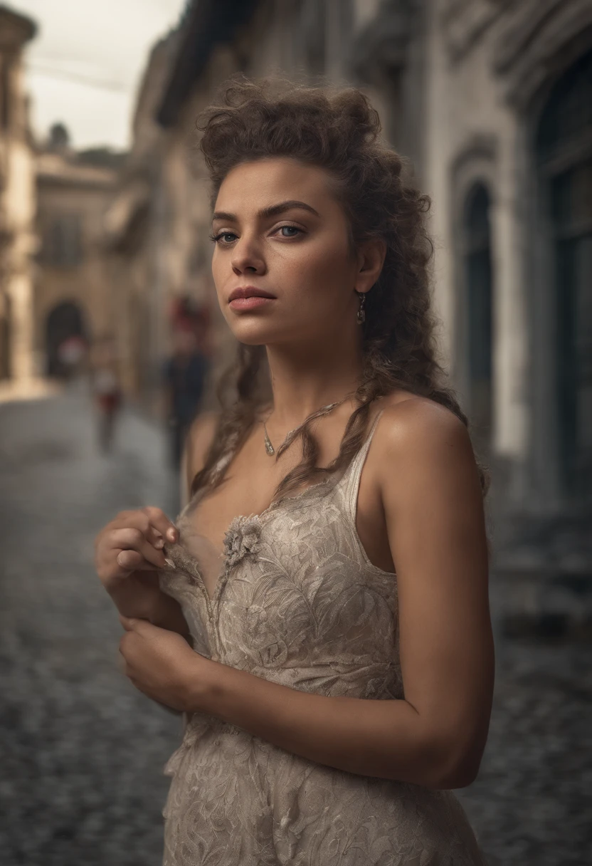 Linda mulher Ruiva bonita, 30 anos. (Plano geral), (posando para foto), (parada de frente), cabelos curtos, pele detalhada e com pintas, abdome, fotografia realista, fotografia, (cintura perfeita), obra-prima, realista, Realismo, renderizado, Alto contraste, digital art realistic photography trend in Artstation 8k HD realistic high definition detailed, detalhado, textura da pele, hiper detalhado, textura de pele realista, (Background Story, in a historic city, cidade antiga), melhor qualidade, ultra high-resolution, (fotografiarrealista: 1.4),, alta resolução, detalhado, fotografia crua, Sharp, by Lee Jeffries Nikon D850 film Stock Photography 4 Kodak Portra 400 camera F1.6 Lens Rich Colors Hyper Realistic Texture Dramatic Lighting Trend Unrealengine on ArtStation Cinestill 800,