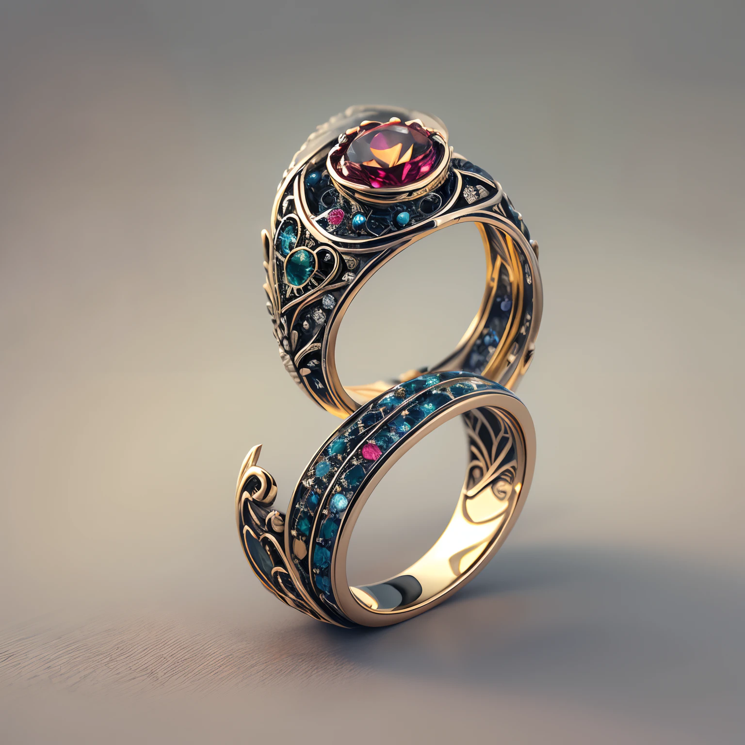 Masterpiece,highest quality,(Nothing but the ring),(No Man),Phoenix ring setting,starrysky,Wrapped around the end from beginning to end,Delicate silver ring,Starry sky in the ring,The sheen,inverted image,Sparkling blue-purple gemstones,Elegant and noble,The magic pattern on it emits the light of the Tyndall effect,It shines with a noble red light,The golden-red tone is filled with dark-style graphics,simple backgound,