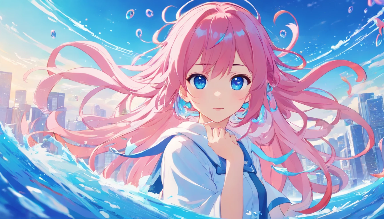 anime girl with pink hair and blue eyes surrounded by blue and white masks, bright background, anime fantasy illustration, humanoid pink female squid girl, anime monster girl, splash art anime loli, anime illustration, jellyfish shrine maiden, anime artwork, pixiv contest winner, beautiful anime artwork, anime wallpaper, anime style illustration