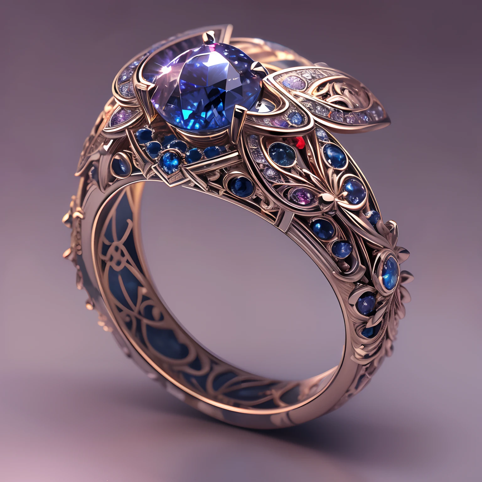 Masterpiece，highest  quality，(Nothing but the ring)，(No Man),Phoenix ring setting，starrysky，Wrapped around the end from beginning to end，Delicate silver ring，Starry sky in the ring,The sheen，inverted image，Sparkling blue-purple gemstones，Elegant and noble，The magic pattern on it emits the light of the Tyndall effect，It shines with a noble red light，The golden-red tone is filled with dark-style graphics，simple backgound，