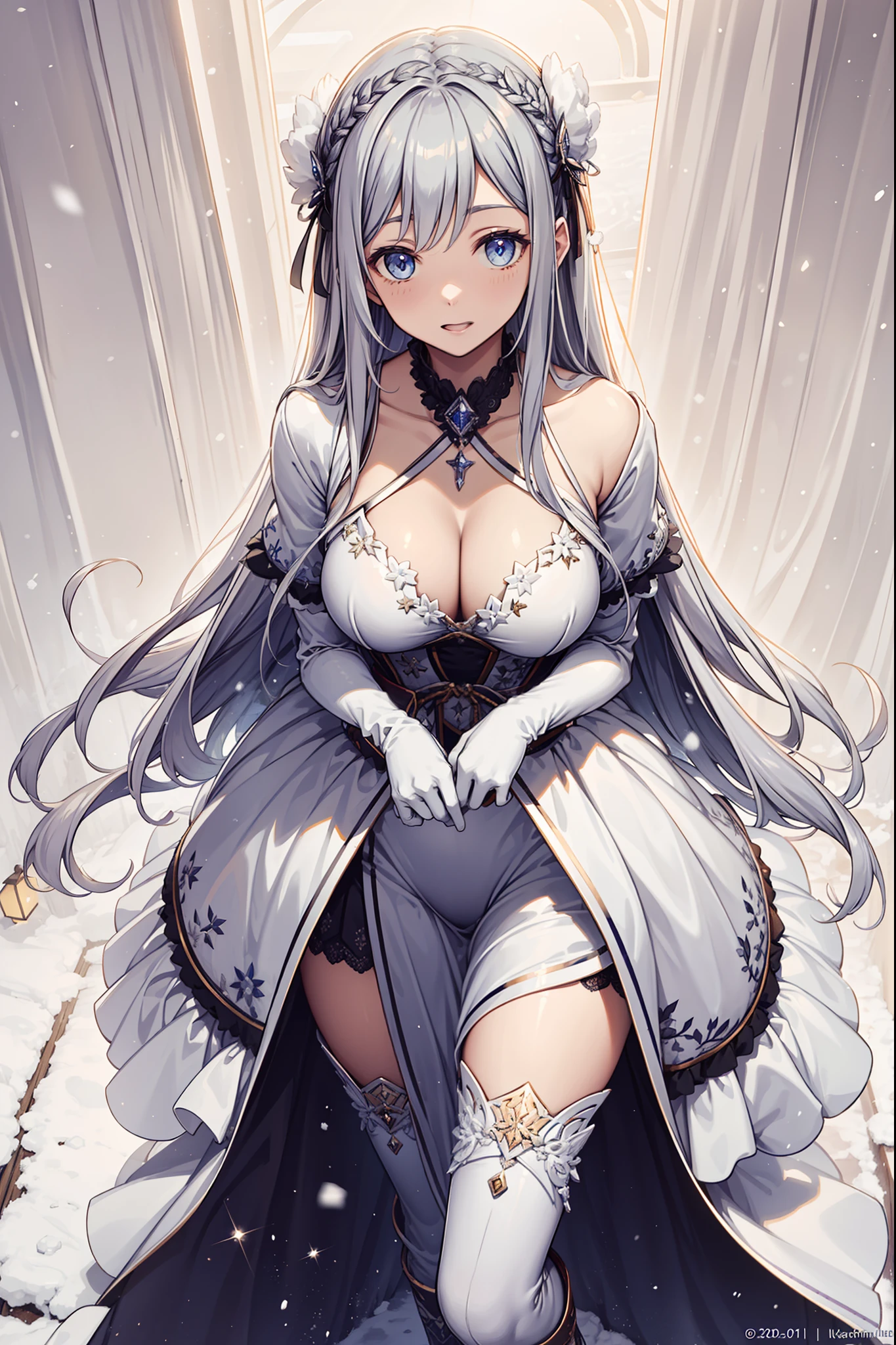 saints,divino,having fun,(white winter outfit:1.3),Long boots,mitts,Plush trim,(Silvery hair:1.2),eBlue eyes,(Many ornaments made of ice:1.1),Light purple pattern,Maximalism,Ruffles,Lace,Delicate embroidery,Delicate pattern,(exquisite costumes),The background is the Ice Kingdom,(heavy snowy),solo person,Beautiful detailed face,Enchanted