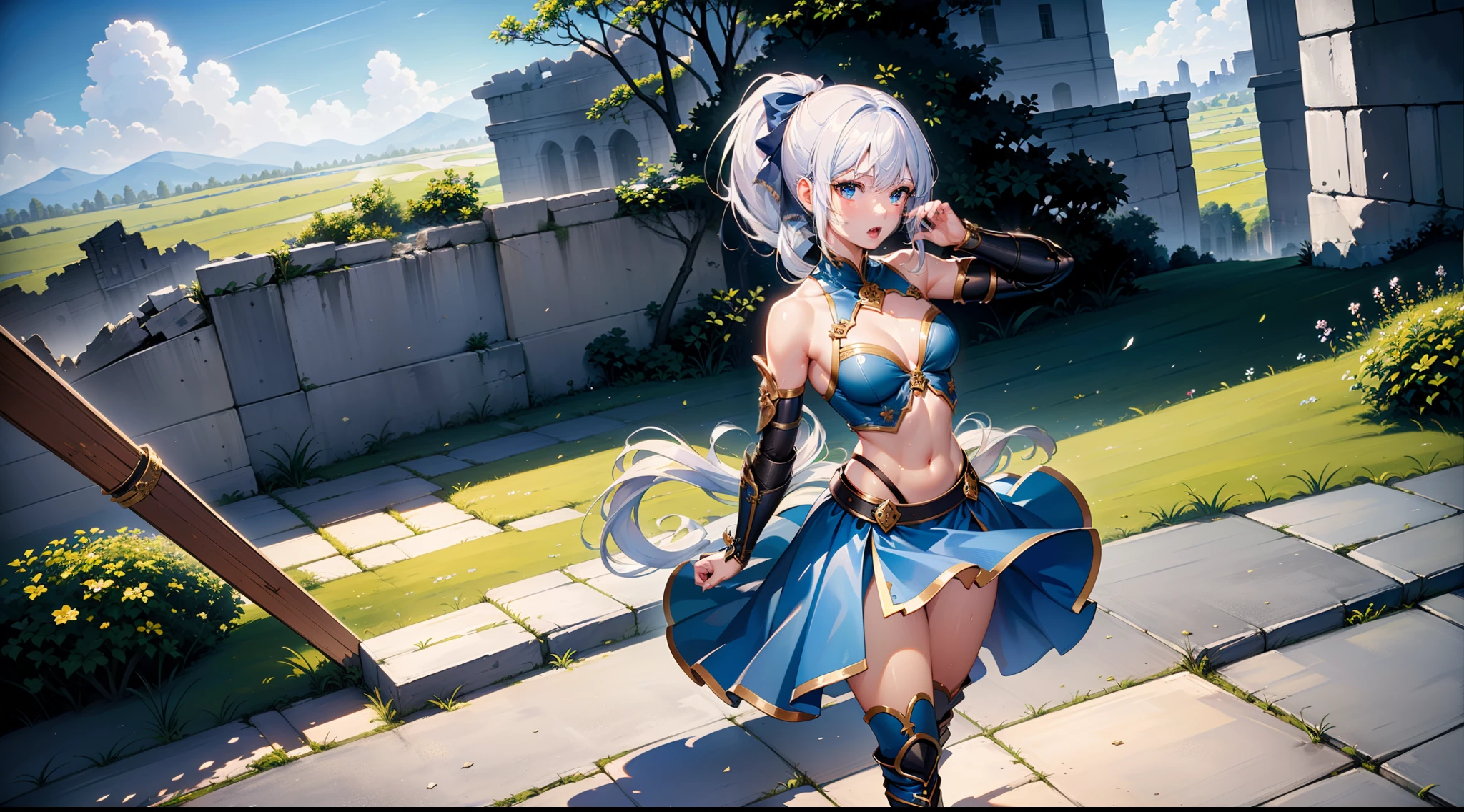Very delicate and beautiful in 8K, Dynamic Angle, ​masterpiece, top-quality, depth of fields, (femele１a person, Original Characters, Dainty beauty, 22year old, small tits, Slender body, [Dye cheeks], (Beautiful glowing skin, Pretty and beautiful face, detailed facial features, Features of a beautiful body, Feminine body:1.1), Blue eyes, (Detailed beautiful hair, white color hair:1.2), hair between eye, (poneyTail:1.2), Pony Hook Ribbon, Fantasy worldview:1.0), (Bare shoulders, Navel Ejection, Dark blue costume, battle costume, Bust Plate, pleatedskirt, waist side armor, knee boots:1.2), Fantasy worldview:1.0), Combat stance, holding a katana, Hold your sword overhead, Cool pose, Serious, Opening Mouth, Sweat flows, (Landscape in the ruins, evening, Detailed background, Powerful backgrounds:1.1),