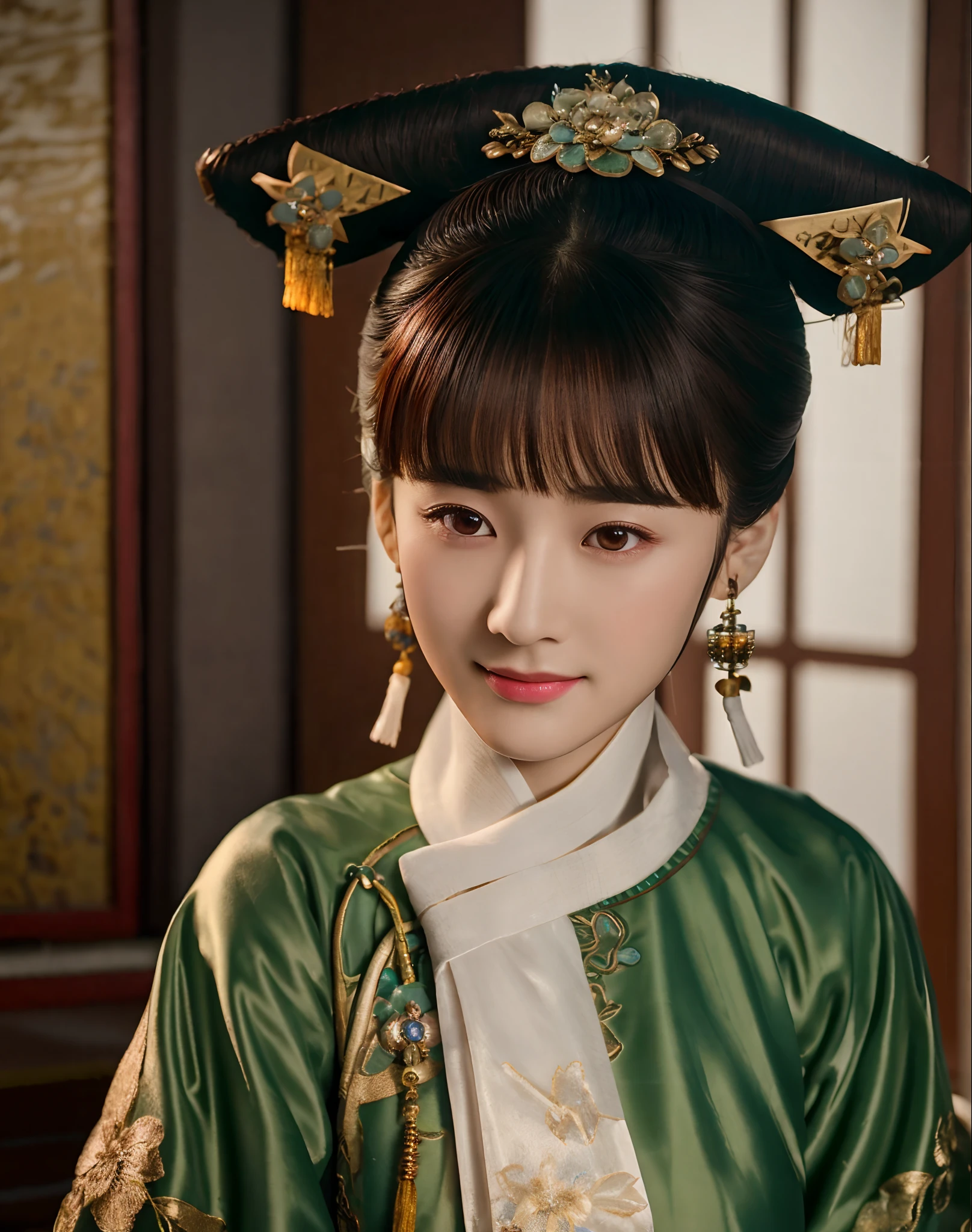 Best quality at best, tmasterpiece, 超高分辨率, (photo-realistic:1.4), RAW photogr, Ancient Chinese Hanfu,a woman in a traditional China dress poses for a picture , woman wearing a qingchao_dress, ((qingchao_haircut, qingchao_scarf,:1.3)), finely detailled, very detailed eyes and faces, face to the viewer, The upper part of the body, Close-up Shot Shot, inside in room, (1girll, 独奏, The upper part of the body), No action, Best light and shadow, ssmile, (looks into camera), finely detailled,very detailed eyes and faces, Nikon d850 film photo, Camera f1.6 shots, rich colours, Ultra-realistic and realistic textures, Dramatic lighting, unreal-engine