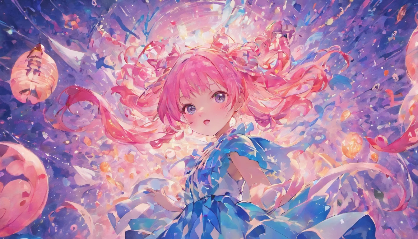 anime girl with pink hair and blue eyes surrounded by blue and white masks, bright background, anime fantasy illustration, humanoid pink female squid girl, anime monster girl, splash art anime loli, anime illustration, jellyfish shrine maiden, anime artwork, pixiv contest winner, beautiful anime artwork, anime wallpaper, anime style illustration