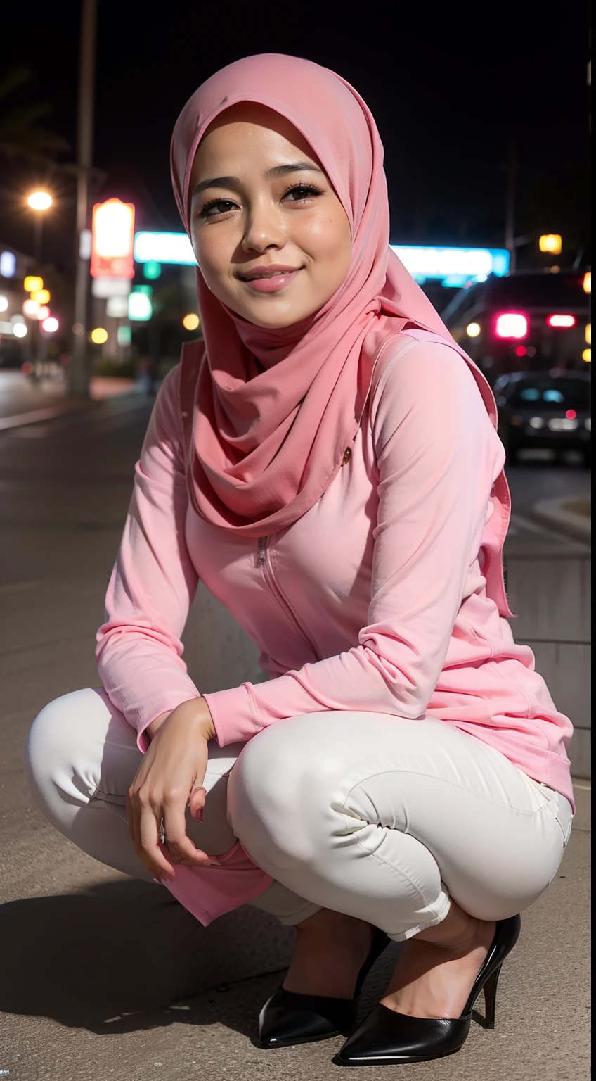 mira filzah squat and laughing, squatting, open both leg, nighttime city, (mira filzah:1.3), wearing hijab, pastel color hijab, pink , small tits, small breast, flat chest, bright lighting,