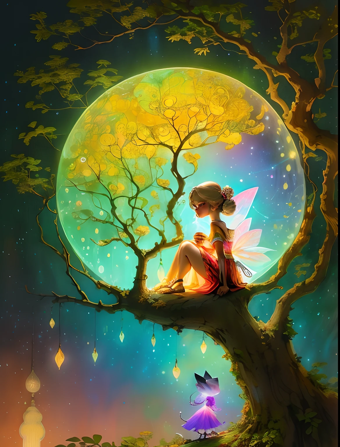 1girl, solo, watercolor, flowy dress, pastel colors, floral pattern, short hair, pink hair, bob cut, hairpin, blue eyes, innocent expression, small breasts, barefoot, enchanted forest, soft sunlight, butterflies, fairy wings, magical wand, tiara, cute animal companion, sparkling stars, floating petals, ethereal atmosphere, dreamy background, moss-covered tree trunk, babbling brook, toadstools, floating lanterns, floating books, enchanted necklace, shimmering moonlight, whimsical flowers, glowing fireflies, magical sparkles, floating bubbles, fairy dust, gentle breeze, dainty hands, rosy cheeks, chubby cheeks, innocent smile, twinkling eyes, golden crown, small stature, childlike wonder, rainbow-colored sky, radiant aura, playful pose, twirling motion, enchanted ambiance, mystical setting