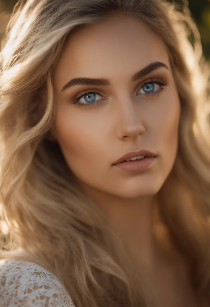 Portrait d’une belle femme nue, Elle a de longs cheveux ondulés et roux,  yeux bleus