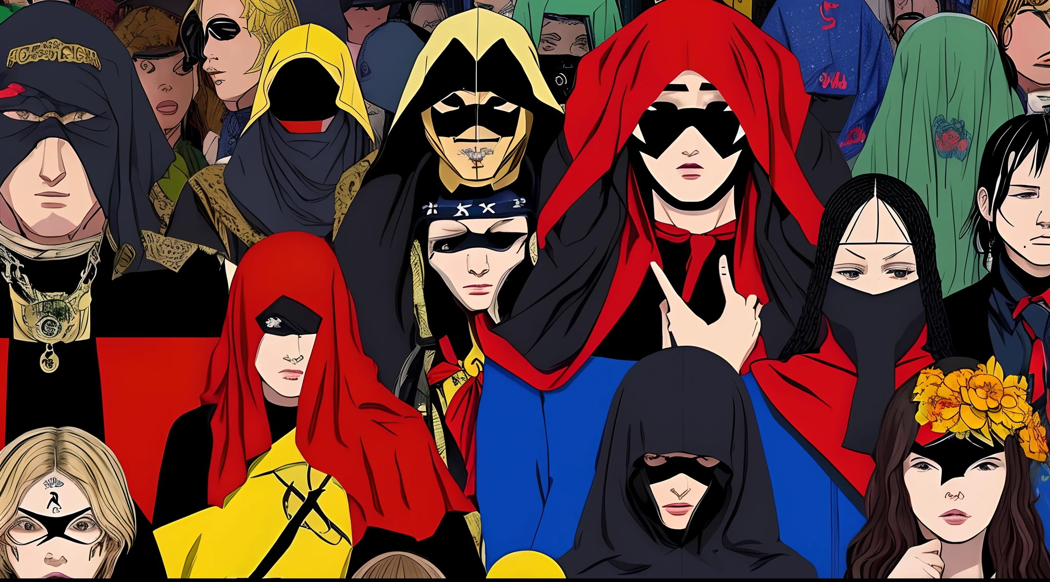 A very detailed anime illustration，Cult symbols, Cult icon, Cult badge
Mind control： mental control, Control, Psychological manipulation
Manipulated characters： The manipulated individual, Brainwashed people
A veil of hypocrisy： Veil of hypocrisy, The mask of deception, Mask pattern
Personal freedoms are restricted： Restrictions on Personal Freedom, Restrictions on freedom, Individual Rights
Oppressive tones： An oppressive palette, dark hues, gloomy colors