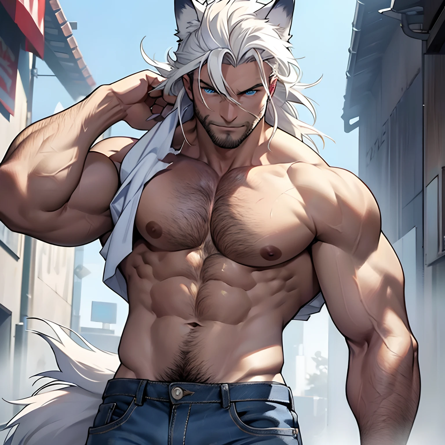 Muscular shirtless male wearing just a pair of torn jeans, has long white hair, has wolf ears, has glowing blue eyes, has light beard stubble, has wolf tail, solo, alone, (SOLO)(ALONE) shirtless, no shirt, (SHIRTLESS)(NO SHIRT)