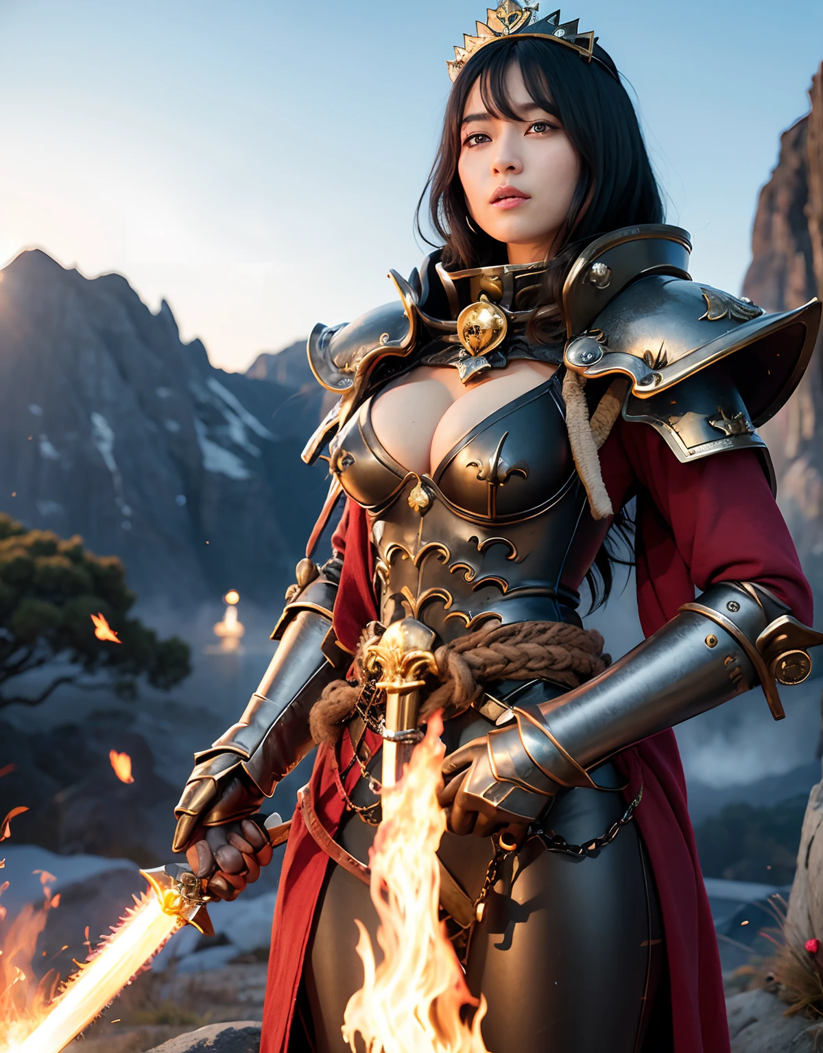 Professional , masterpiece、top-quality、photos realistic , 、top-quality、超A high resolution、(Photorealsitic:1.4)、Raw photo、depth of fields (Gemstone Gold Metal Body:1.9),(Matte White、Toostock、cleavage of the breast、(cleavage of the breast)、(Detailed Dragon Armor)、(Have the strongest weapon)、((Random Hairstyles 1.6),Dark Fantasy,)explosions、intense fighting、(Precipitous cliffs),Dragon Gold Weapon,Mystical expression、Particles of light、Fight dragons、(Detailed Dragon Helmet),Gorgeous Silver Weapons ,(( Dragon's dense and gorgeous sword)) , Beautiful knife ,warhammer 40k ,Detail and gorgeous crown、((Blue hair))、(Castle background)、、((Gangle's forest background))、Beautiful Caucasian beauty、1a person、dynamic ungle,((()))、Smaller head、A smile、Castle background、Thin and beautiful female hands、cleavage of the breast、Soldier in iron armor on background、Mystical expression、Light Effects、intense fighting、Wind-effect、magic circles、With the legendary magic wand、(demonic wings)、Toostock、