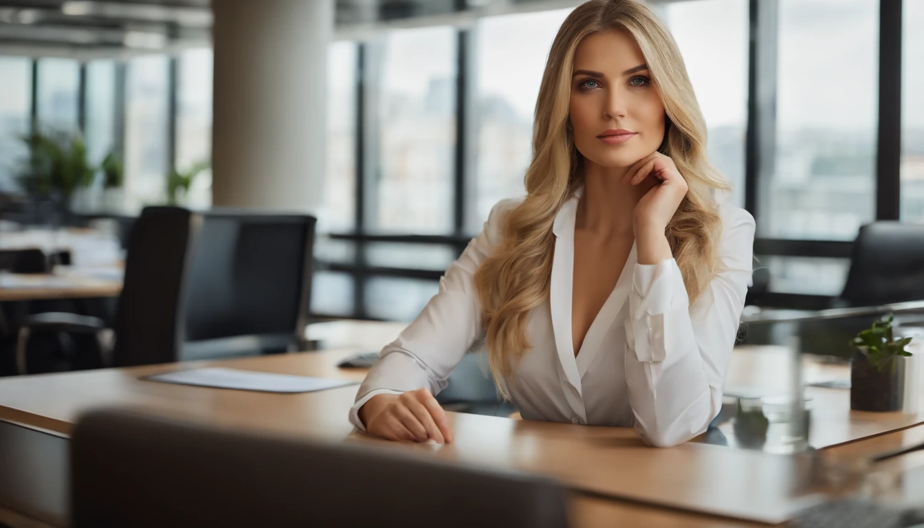 professional, (4k photo:1.1), (Dittmann Anna:0.3), (Arian Mark:0.3), (Sharp focus:1.3), high detail, wearing trendy business clothes, beautiful detailed face, hazel eyes, long blonde hair, body shape, office with desk, with windows ahowing diagonal avenue of Barcelona