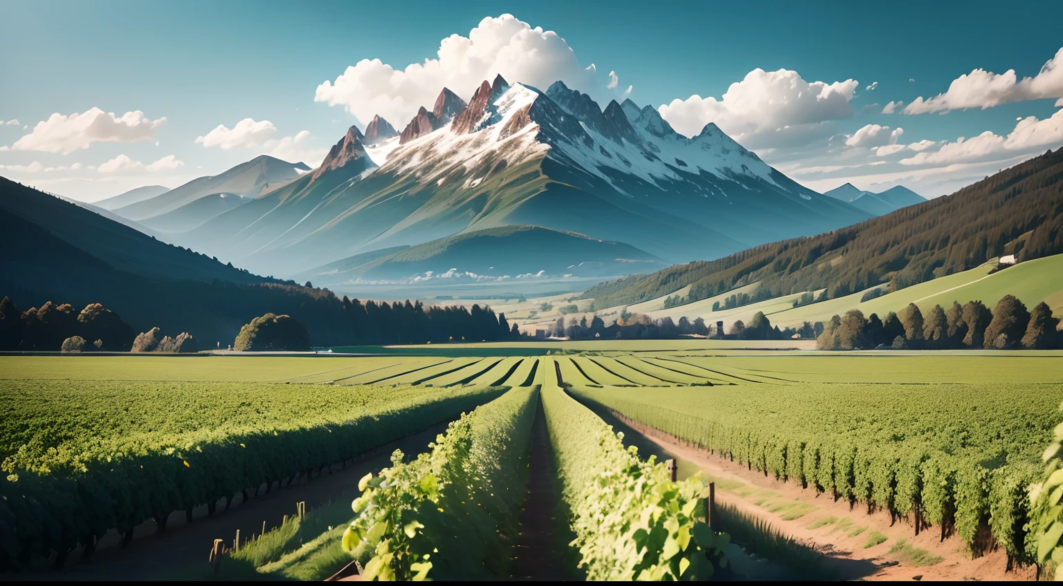 Green field of grapes on the left and right of the picture. Es ist ein breiter Weg in der Mitte, leading to a brown-gray mountain of Washington in the background. In the picture you can see blue sky with white clouds