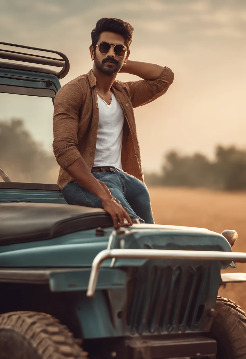 an indian young man hero pose, sitting on a open jeep, sunglasses, field, back to back, 4k, illustration, digital drawing, animification,y, illustrate