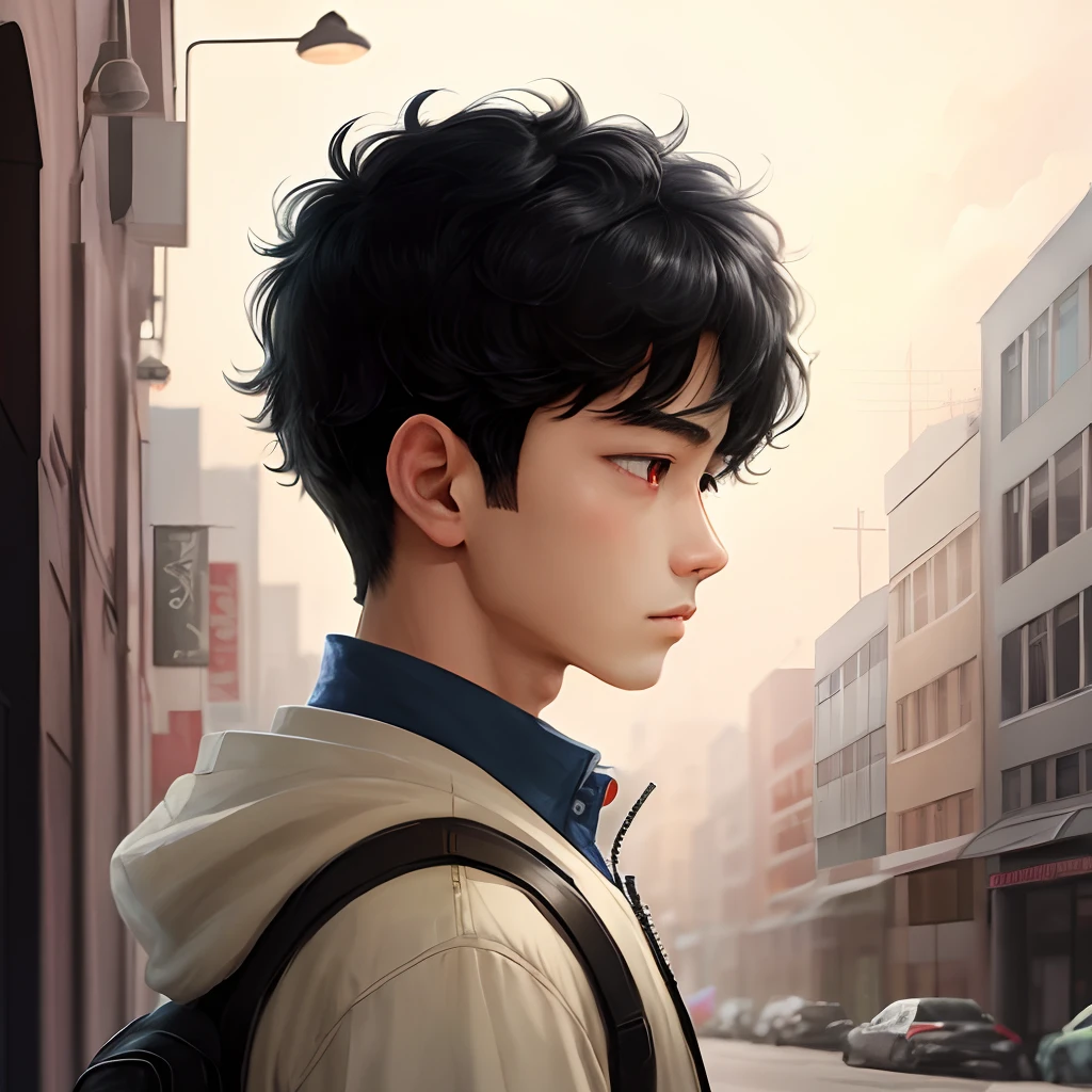 Black hair
Red eyes

Boy
Novel illustration 
Side profile