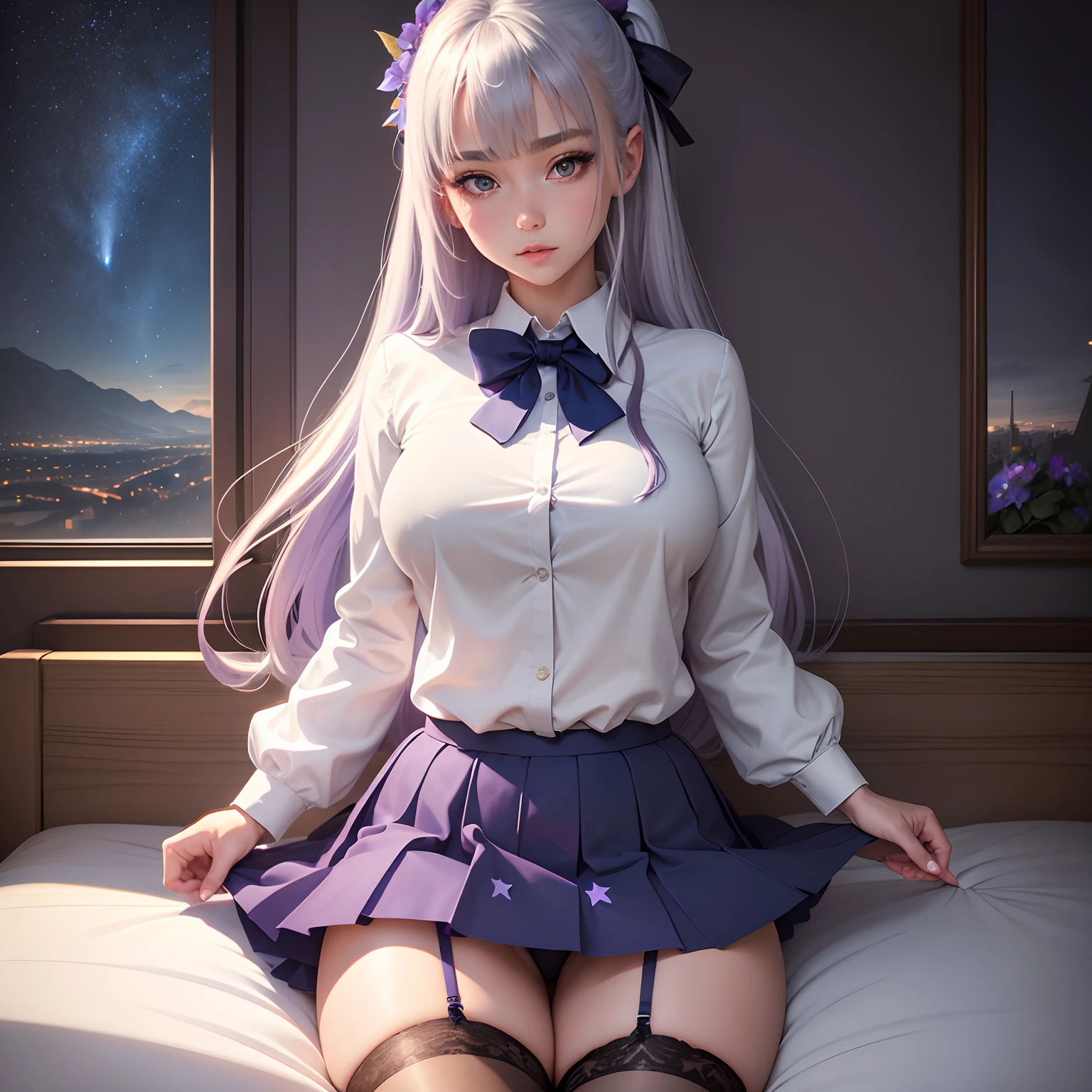 Best Quality, masutepiece,, Illustration, Wallpaper,1girl in, Solo, School uniform, White shirt, Black miniskirt, Bright purple-silver hair, Semi-long hair, Beautiful detailed girl, extremely detailed eye and face, Beautiful detailed eyes, Shy, natural_Lighting, Glow,NSFW, Clean sky, Looking at Viewer, Outdoors, nigh sky, Star (skyporn), lowfers, Black pantyhose, blue bowtie, Straight hair, Purple petals, Purple and blue flowers, Red pupil, Ponytail, Blue Ribbon,White hair, Thick_thighs thighs thighs thighs, Large breasts,knee sox,Open your crotch,White panty,in bed room,