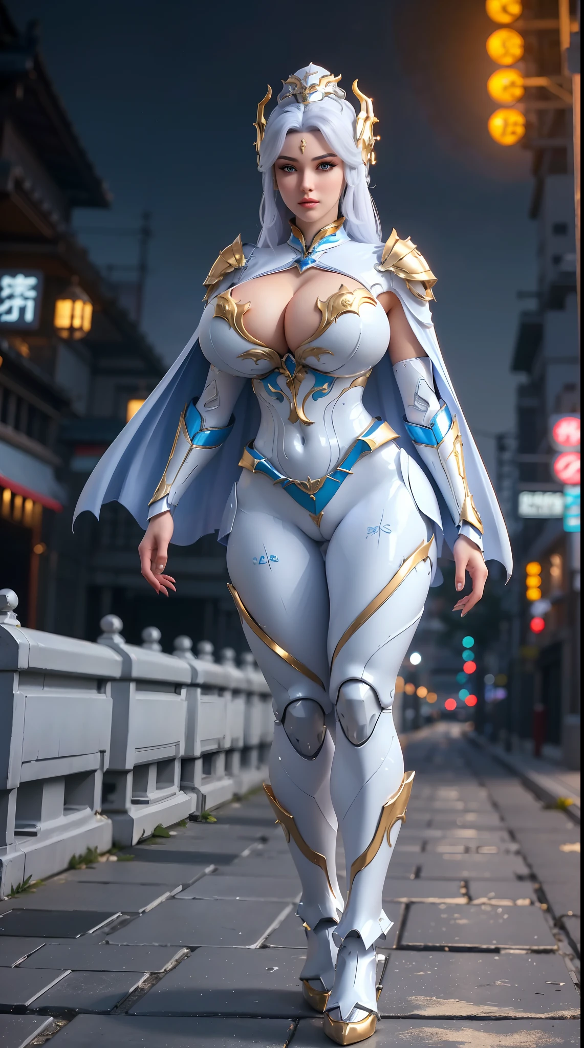 1GIRL, SOLO, (white ponytail hair), (HUGE FAKE BOOBS:1.3), (white, sea blue, gold, FUTURISTIC DRAGON MECHA ARMOR SUIT, ROYAL CAPE, CLEAVAGE:1.5), (SKINTIGHT YOGA PANTS, HIGH HEELS:1.2), (NSFW GLAMOROUS BODY, SEXY LONG LEGS, FULL BODY:1.3), (FROM FRONT, LOOKING AT VIEWER:1), (WALKING DOWN ON STREET NIGHT CITY:1.3), PHYSICALLY-BASED RENDERING, ULTRA HIGHT DEFINITION, 8K, 1080P.
