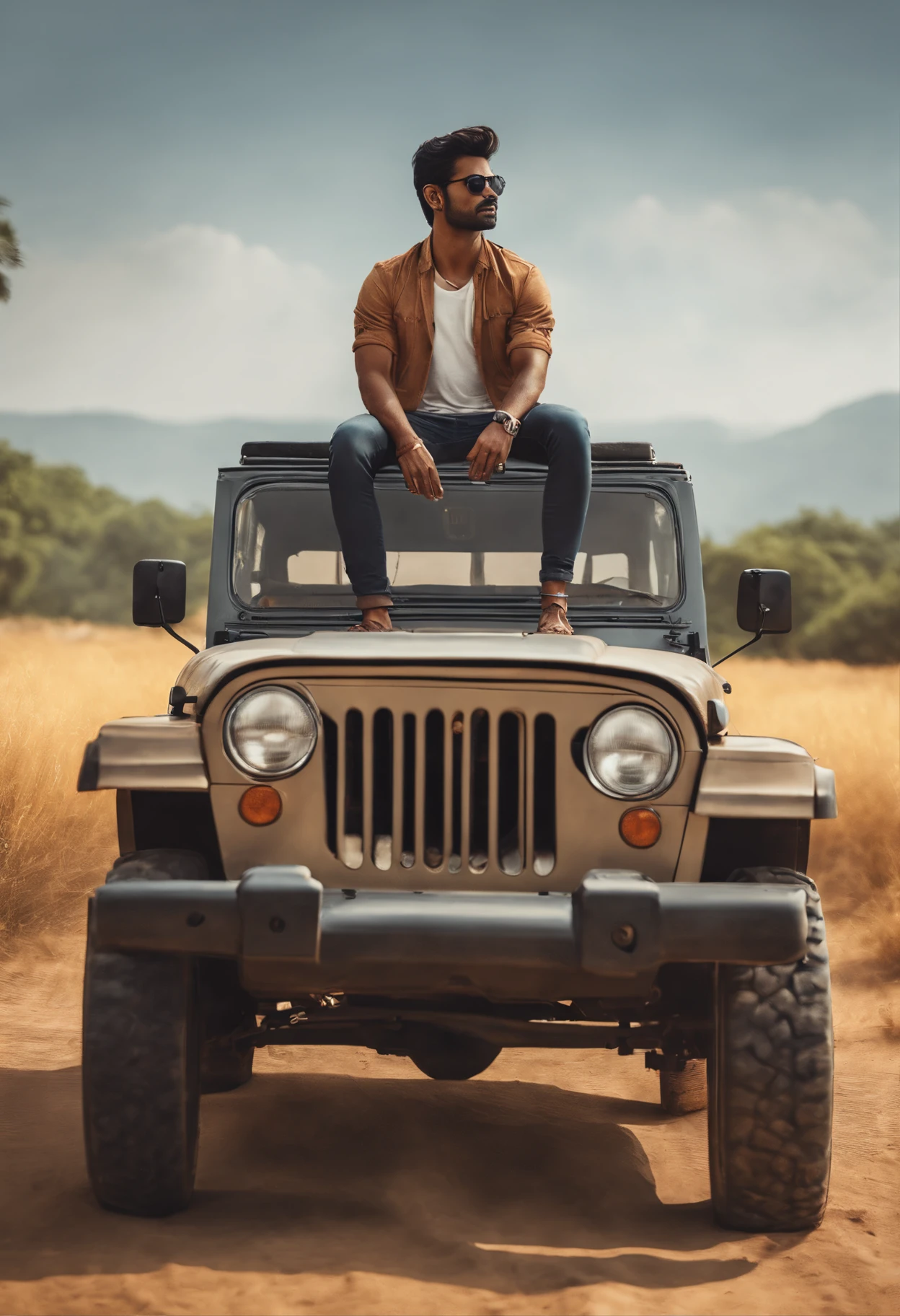 an indian young man hero pose, sitting on a open jeep, sunglasses, field, back to back, 4k, illustration, digital drawing, animification,y, illustrate