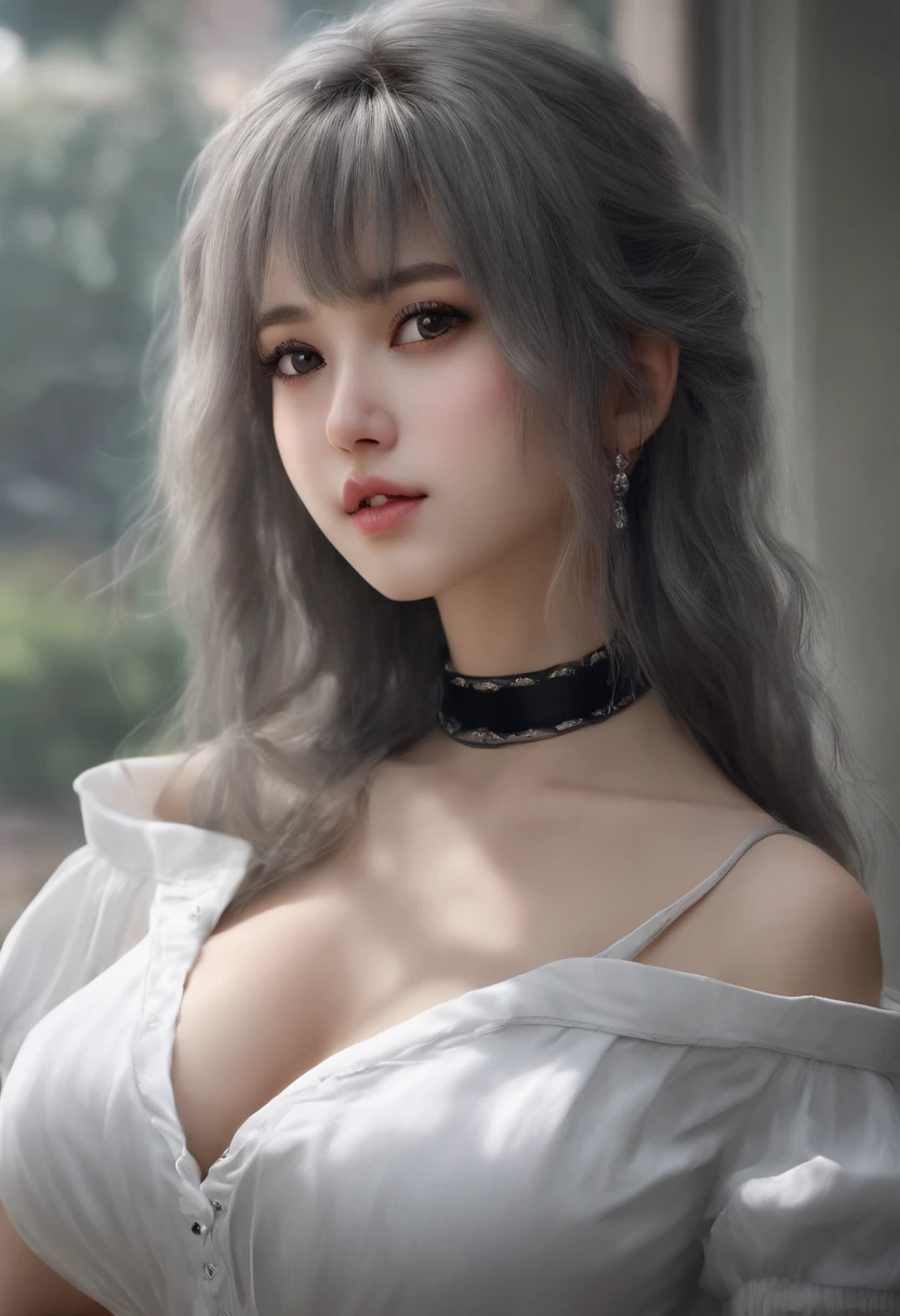 best quality, ultra high res, (photorealistic:1.4), 1girl, off-shoulder white shirt, black tight skirt, black choker, (faded ash gray hair:1), (huge breasts:1.2), looking at viewer, closeup ,